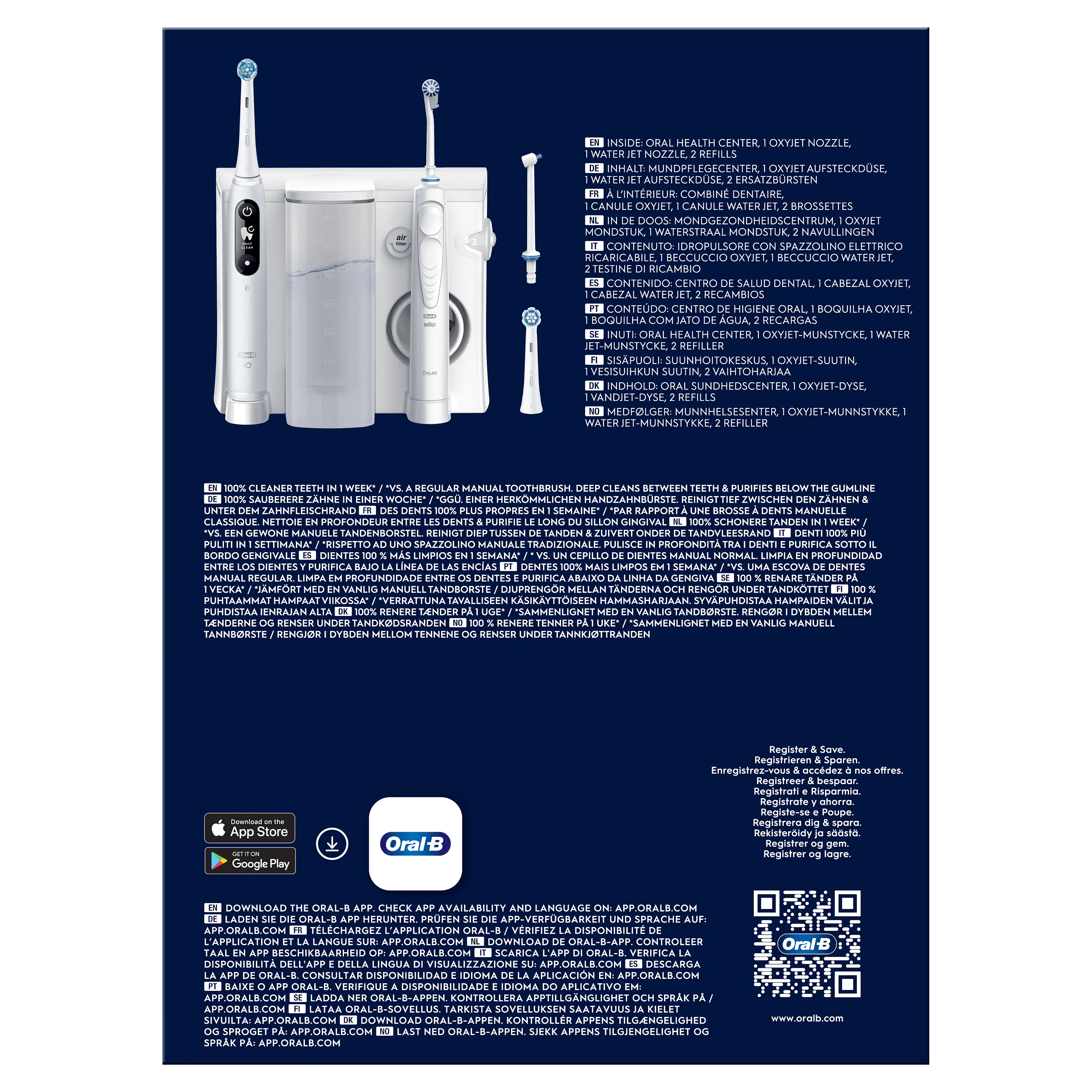 Oral-B centre d'hygiène bucco-dentaire avec canule Oxyjet et canule jet d'eau, incluant deux brossettes de rechange.