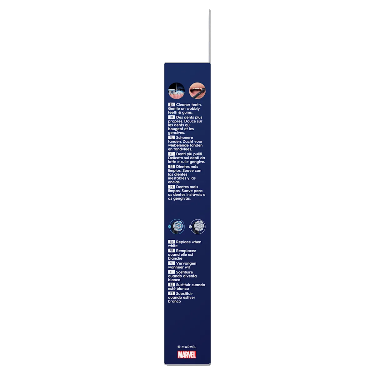 Emballage de brosses à dents Oral-B, indiquant « Des dents plus propres. Douce sur les dents qui bougent et les gencives » et « Remplacez quand elle est blanche ».