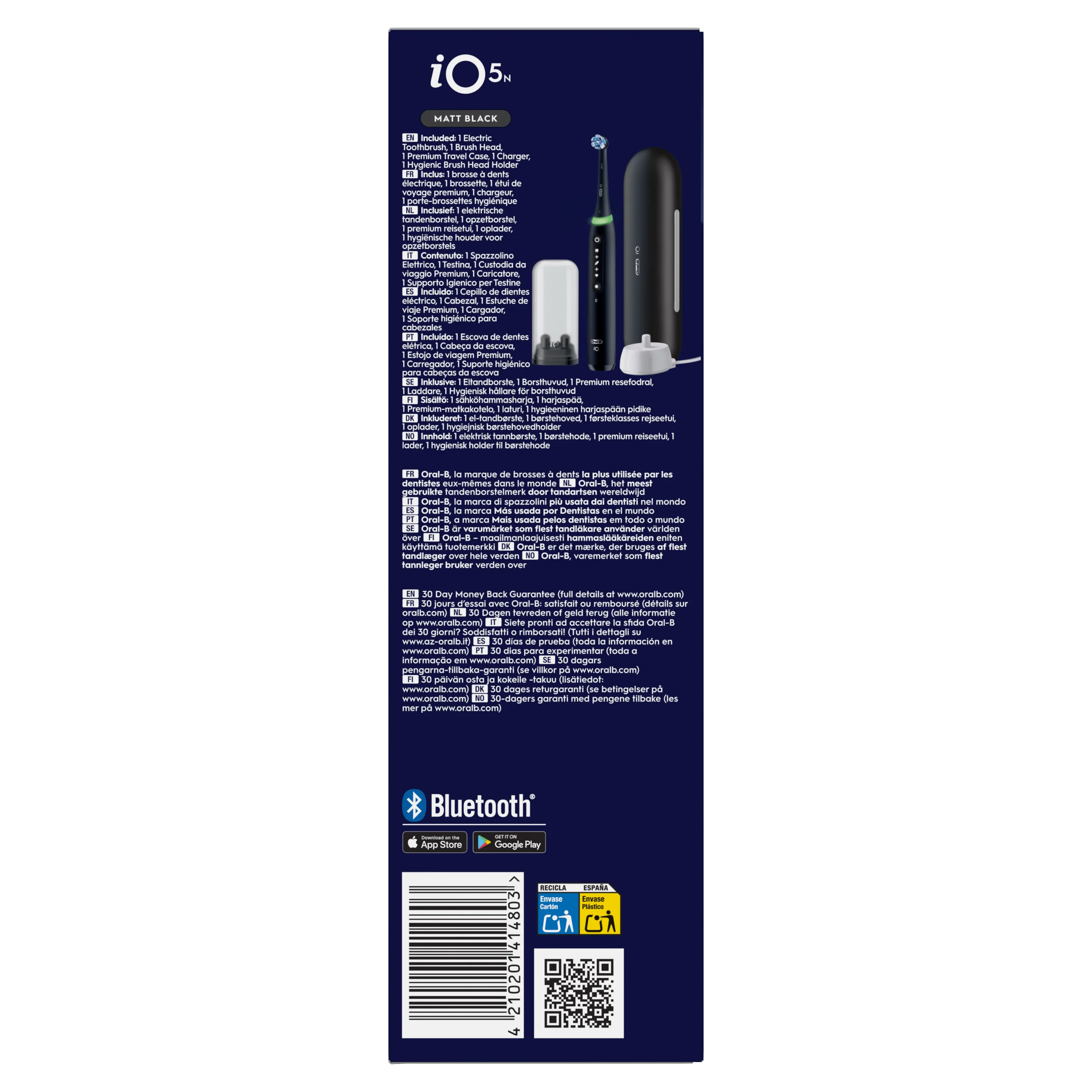 Oral-B iO5N Matt Black avec sa brossette, son étui de voyage premium, son chargeur et son support hygiénique.
