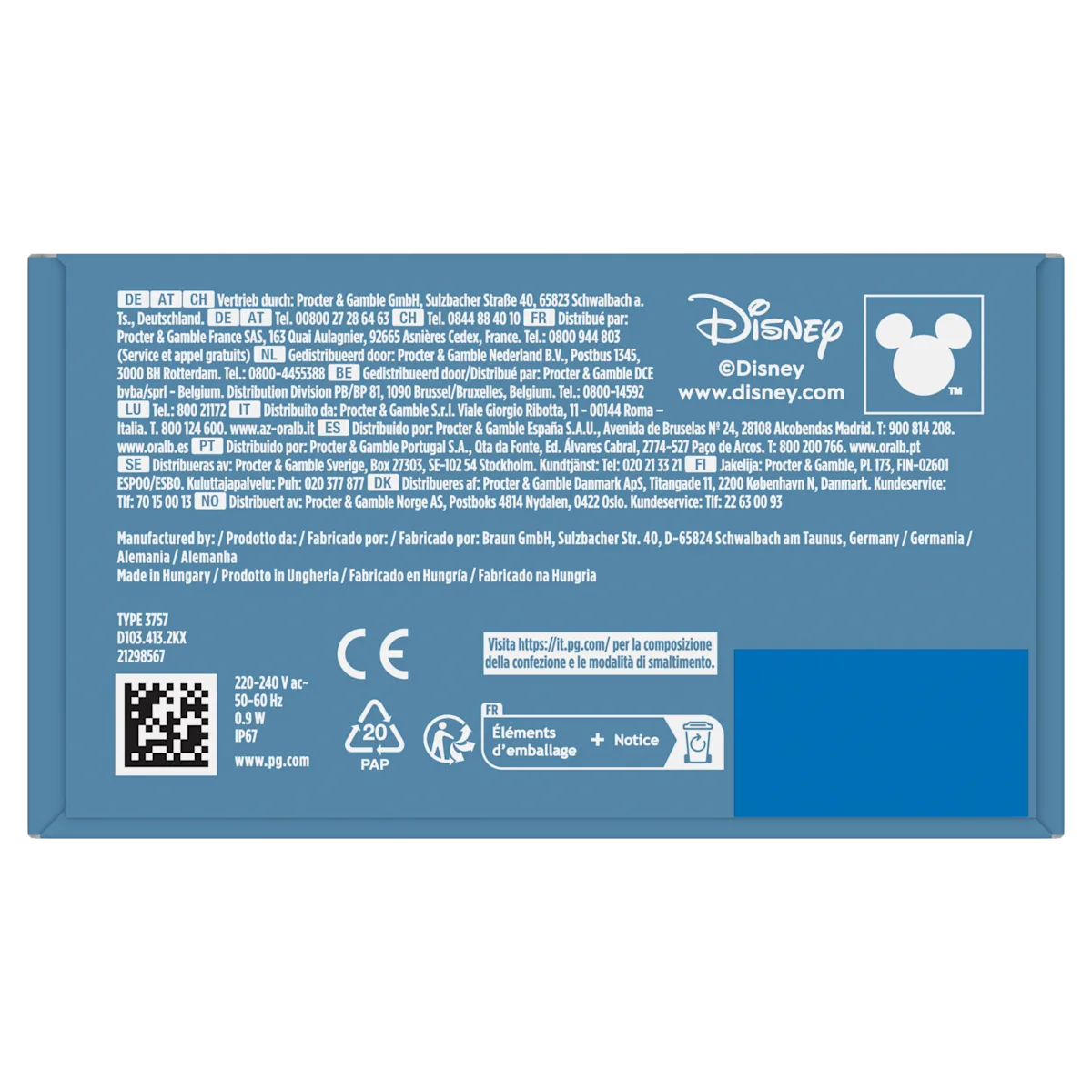 Emballage de produit Disney avec coordonnées de Procter & Gamble et informations de recyclage des éléments dâ emballage.