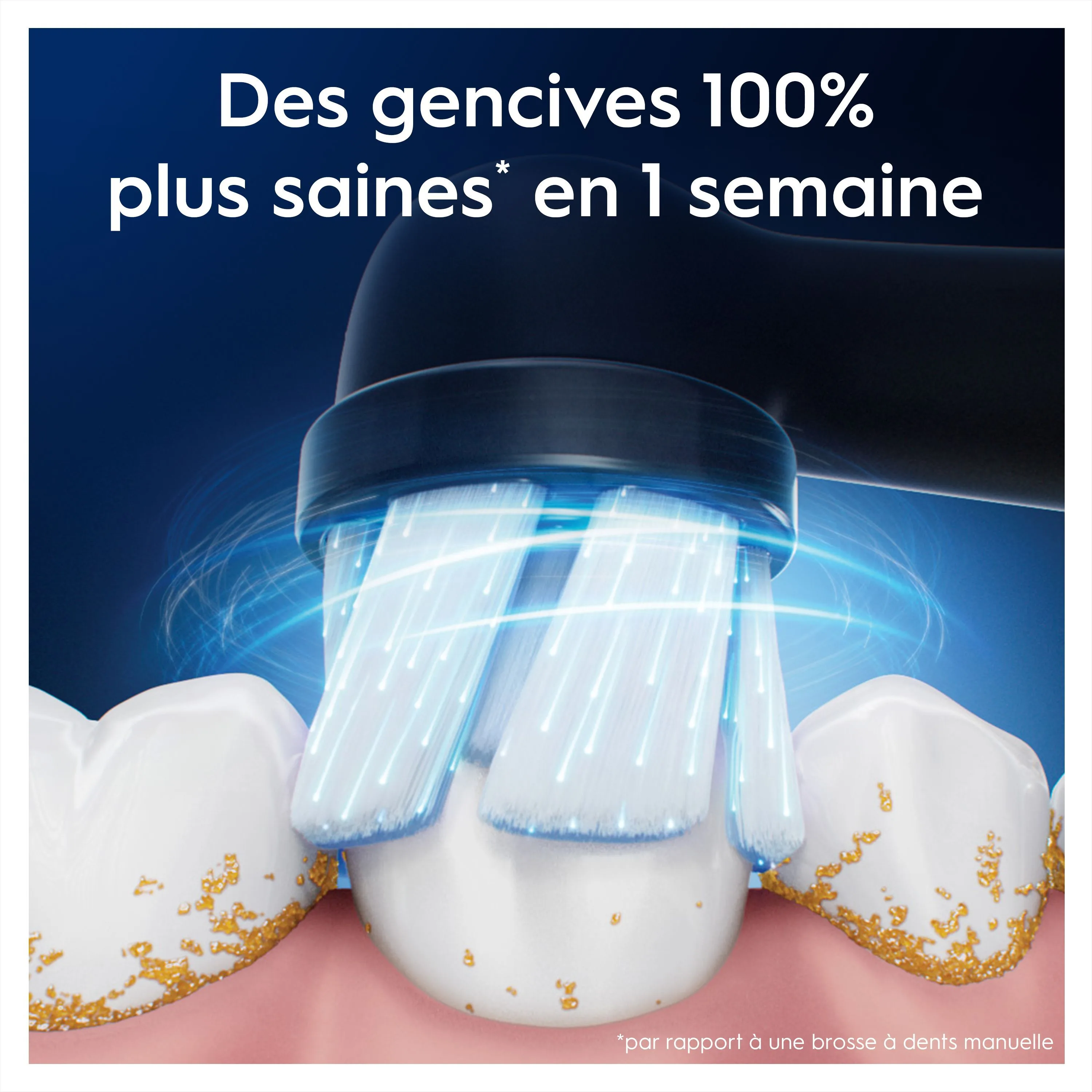 La brosse à dents Oral-B nettoie les dents, illustrant des gencives 100% plus saines en une semaine.