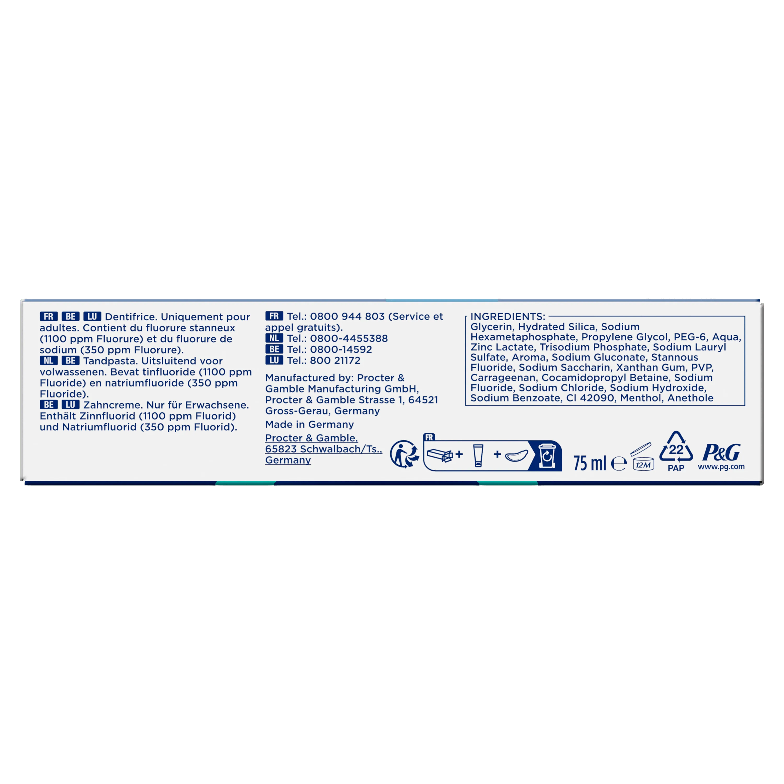 Oral-B dentifrice, emballage mettant en avant la formule contenant du fluorure stanneux (1100 ppm) et du fluorure de sodium (350 ppm).