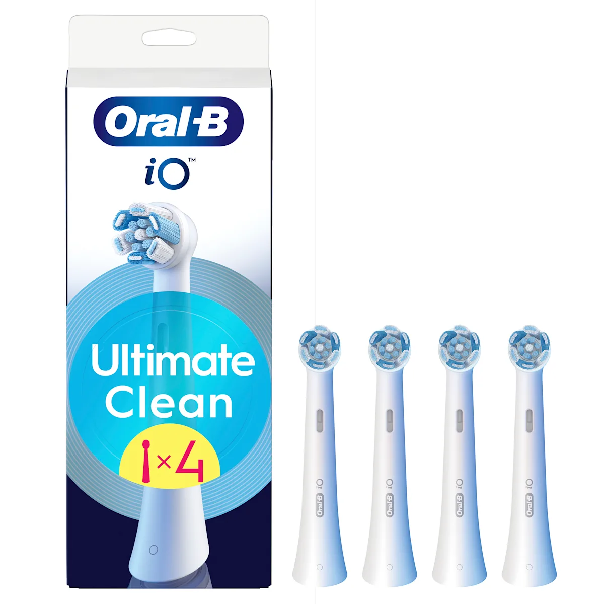 Oral-B iO, emballage de la tête de brosse Ultimate Clean, avec la mention "12 mois de nettoyage ultime".