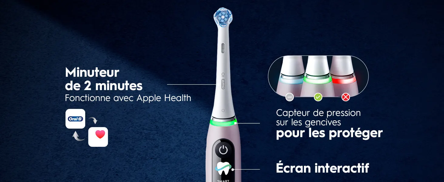 Brosse à dents électrique: minuteur, capteur de pression, écran interactif, compatible Apple Health 
