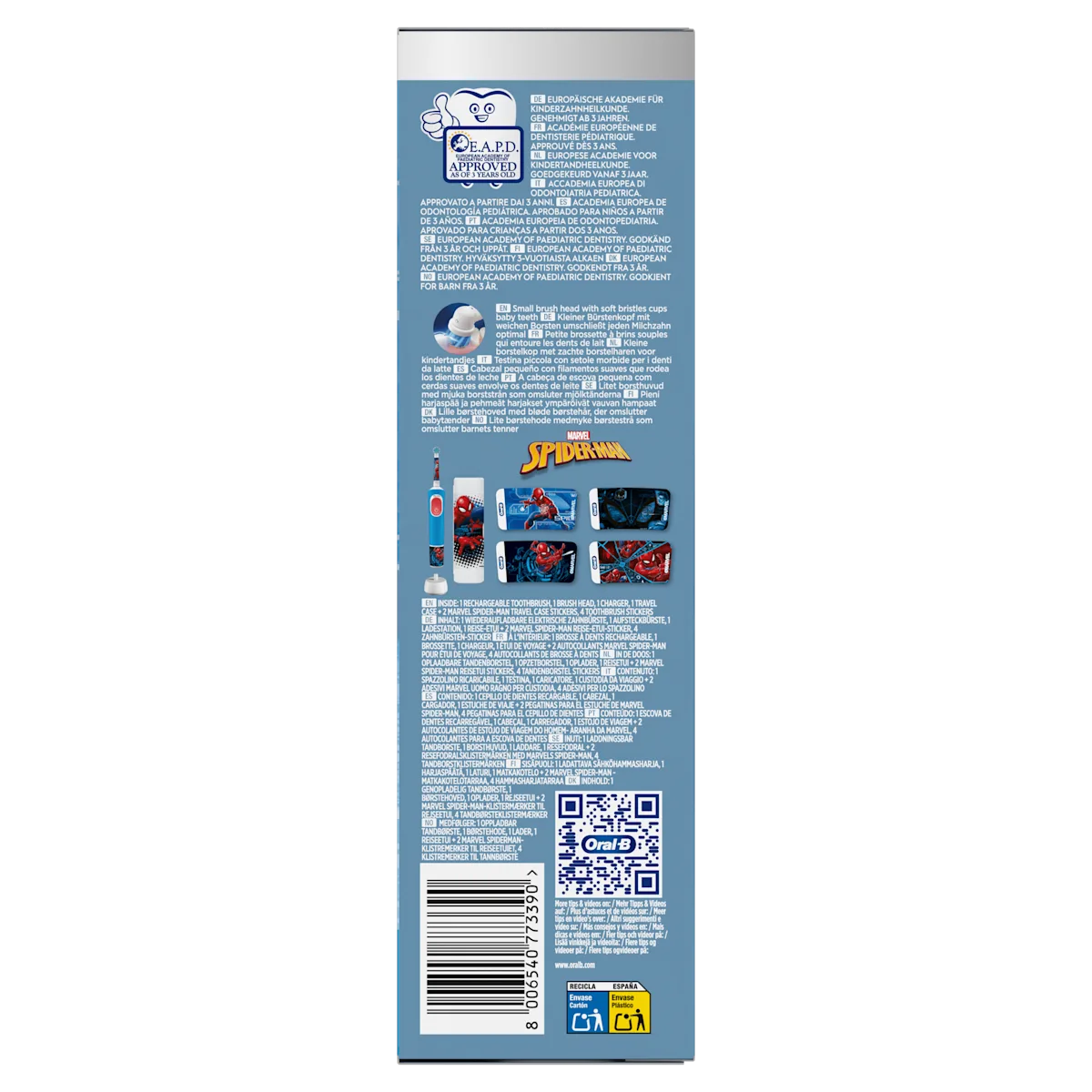 Brosse à dents rechargeable Oral-B Spider-Man avec étui de voyage et autocollants pour personnaliser l étui et la brosse.