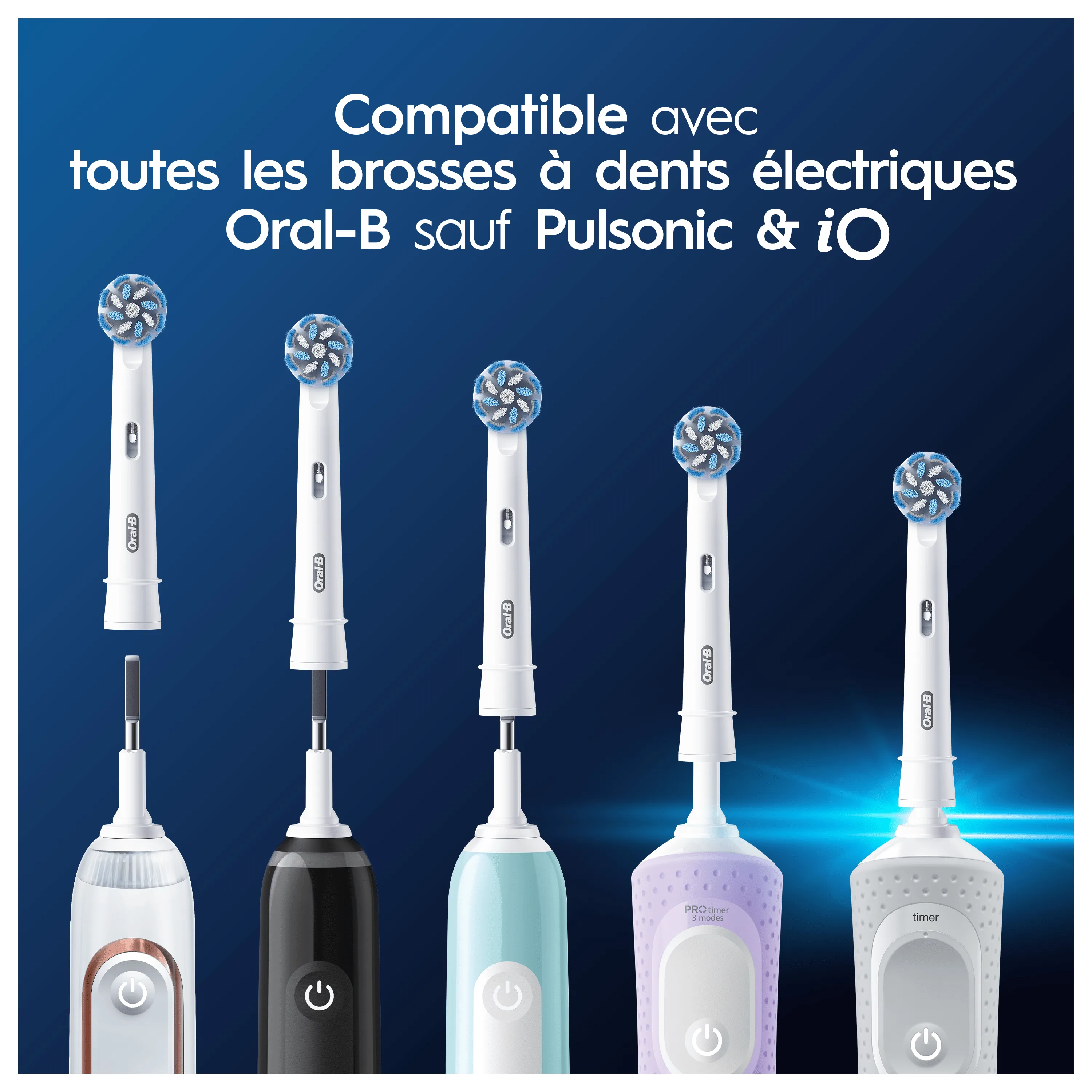 Compatibilité des brossettes Oral-B avec différentes brosses à dents électriques Oral-B, à l'exception des modèles Pulsonic et iO.