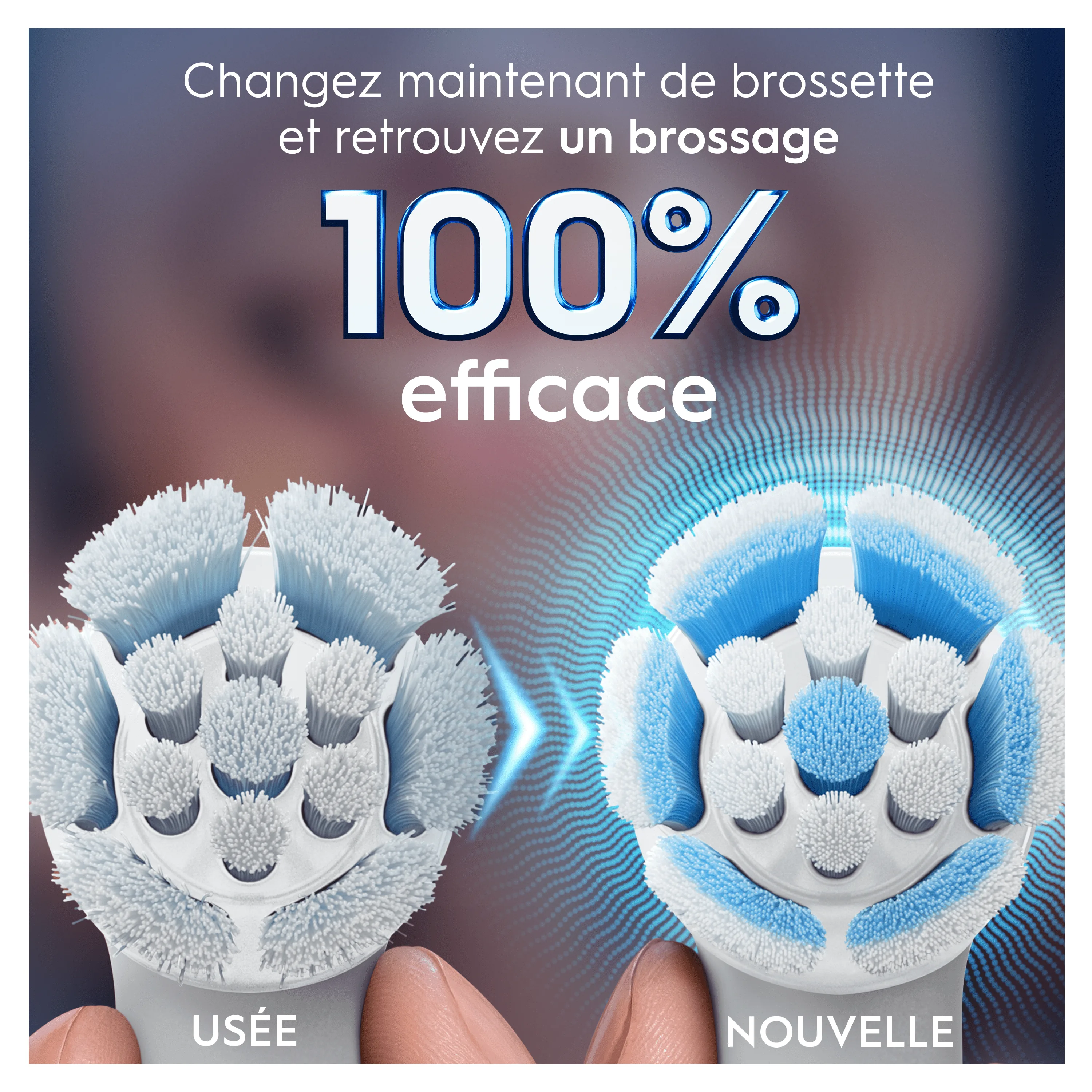 Brosse à dents Oral-B : Comparaison visuelle d'une brossette usée et d'une brossette neuve pour un brossage 100% efficace.