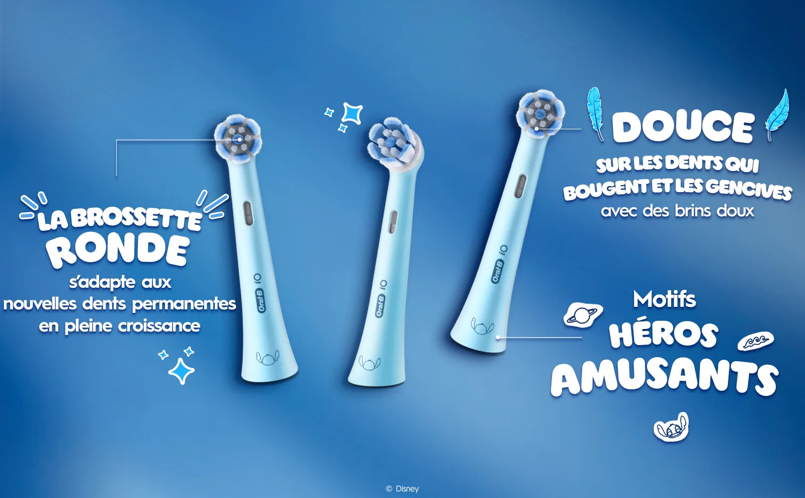 Arrière-plan bleu avec 3 brossettes montrant les avantages