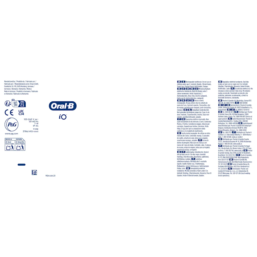 Oral-B iO, emballage indiquant le contenu : manche, 3 brossettes, étui de voyage, pochette pour chargeur, porte-brossettes et chargeur.
