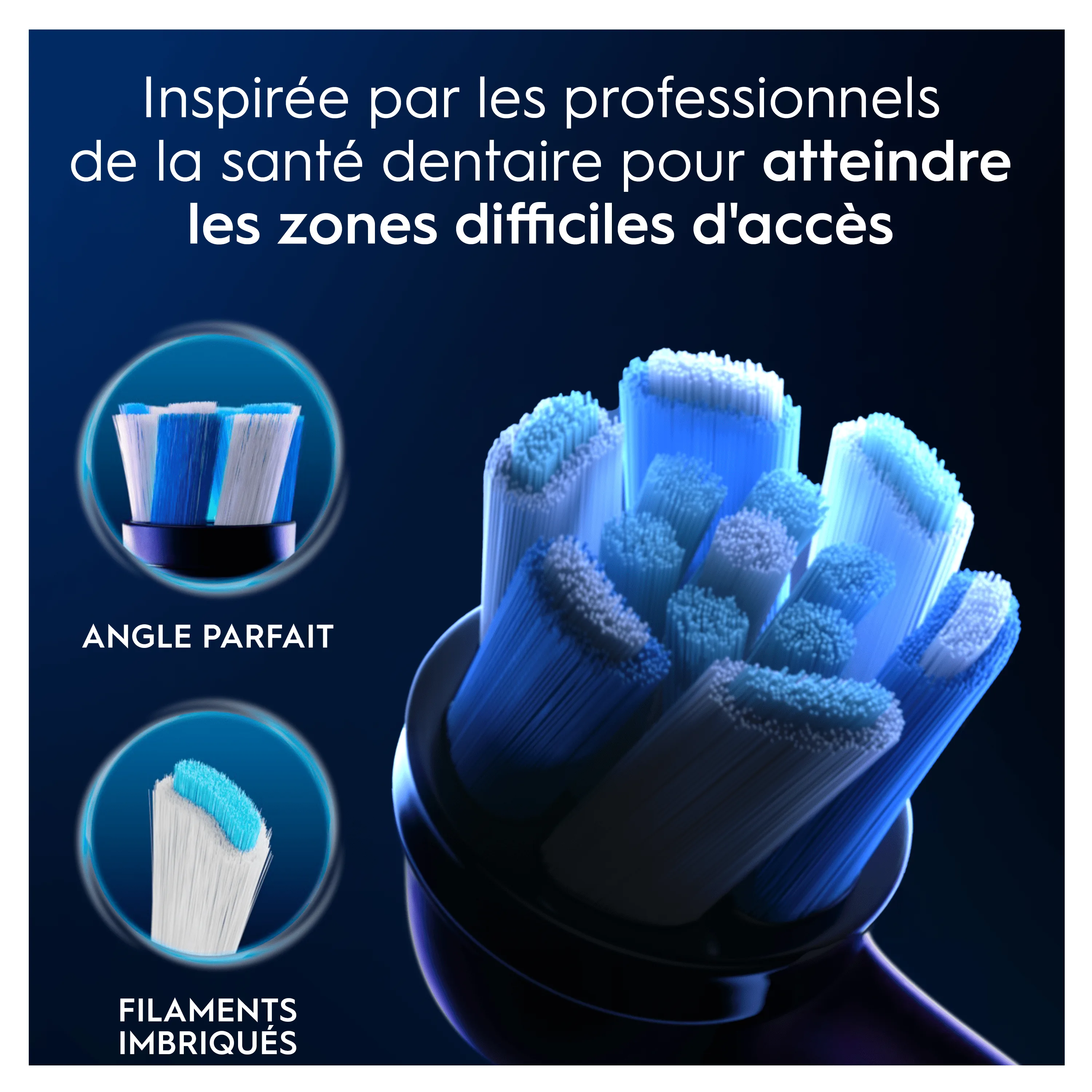 La brosse Oral-B atteint les zones difficiles d'accès grâce à son angle parfait et ses filaments imbriqués.