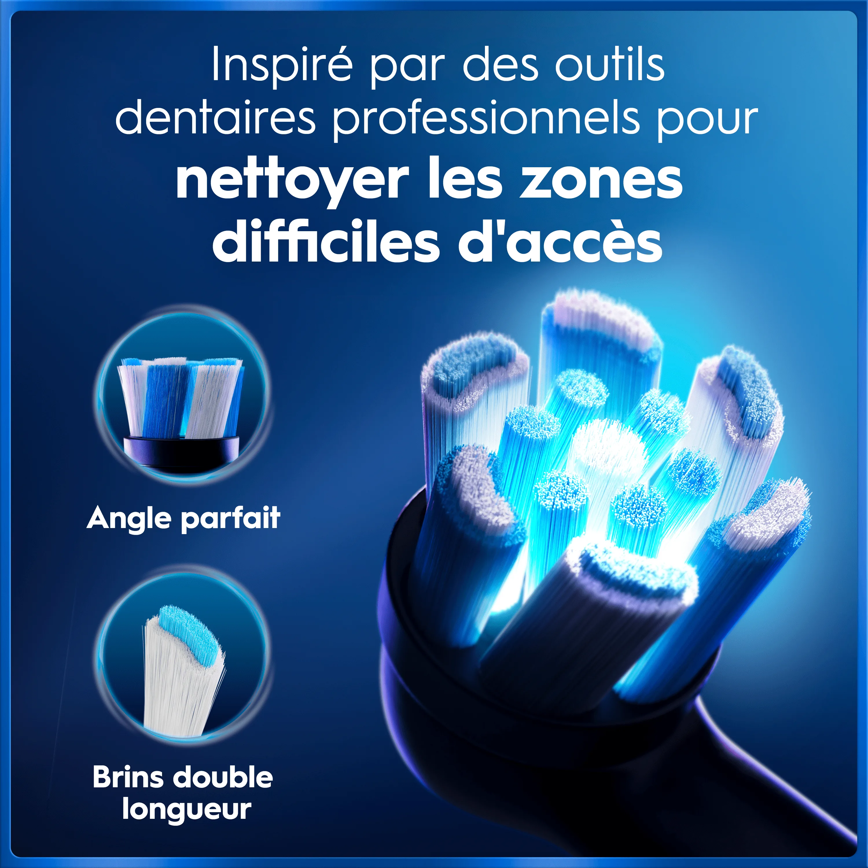 Brosse à dents électrique avec têtes spéciales, inspirée d'outils dentaires professionnels, offrant un angle parfait et brins double longueur.