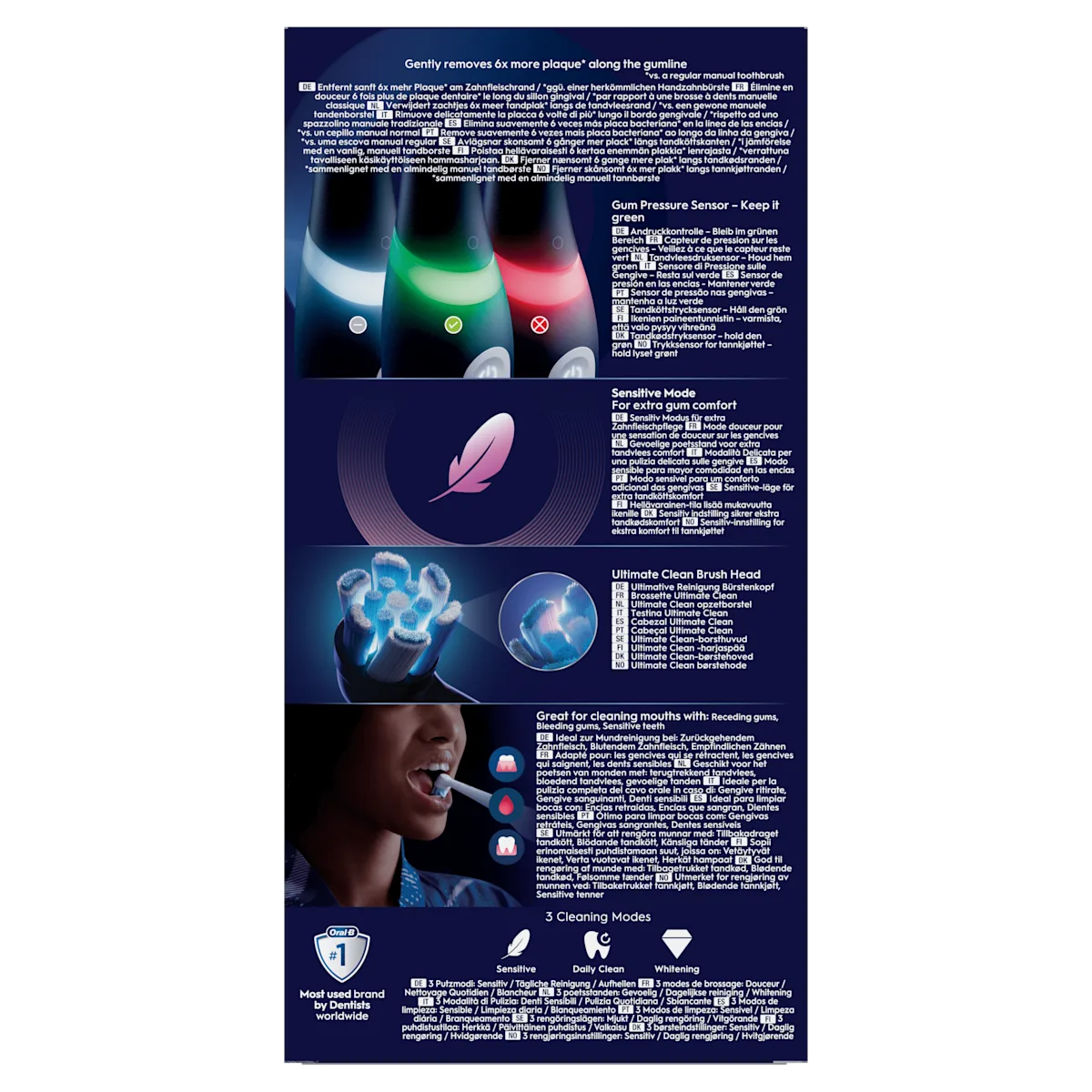 Emballage de brosse à dents Oral-B qui élimine jusqu’à 6 fois plus de plaque le long du sillon gingival, avec contrôle de pression et mode douceur pour un confort gingival supplémentaire.