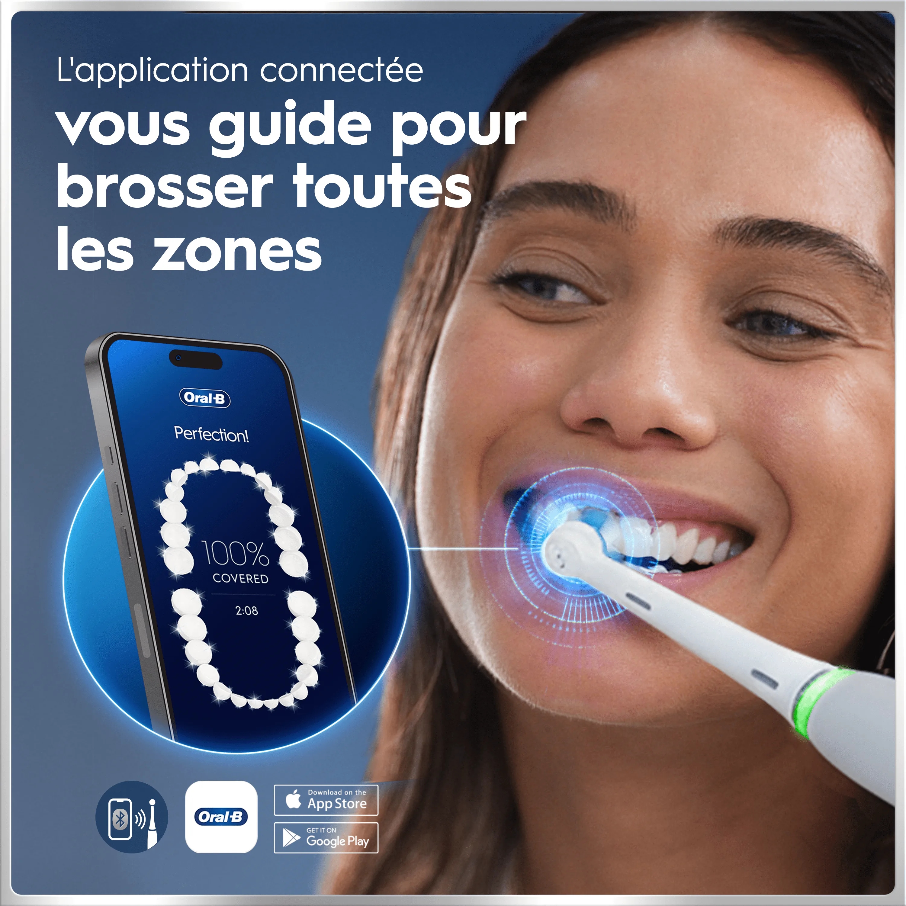 Application Oral-B guide le brossage pour couvrir toutes les zones de la bouche.