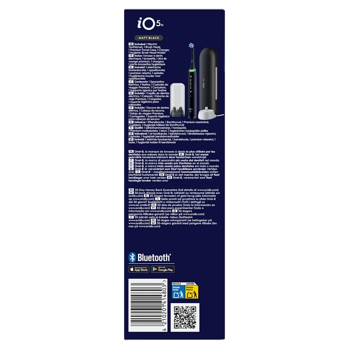Oral-B iO5N Matt Black avec sa brossette, son étui de voyage premium, son chargeur et son support hygiénique.
