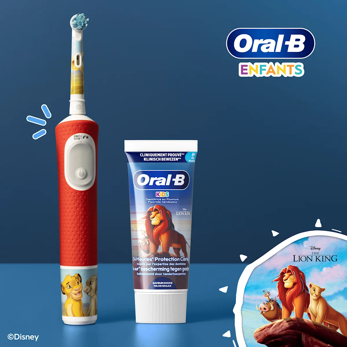 Brosse à dents et dentifrice Oral-B Enfants avec dessin Le Roi Lion.