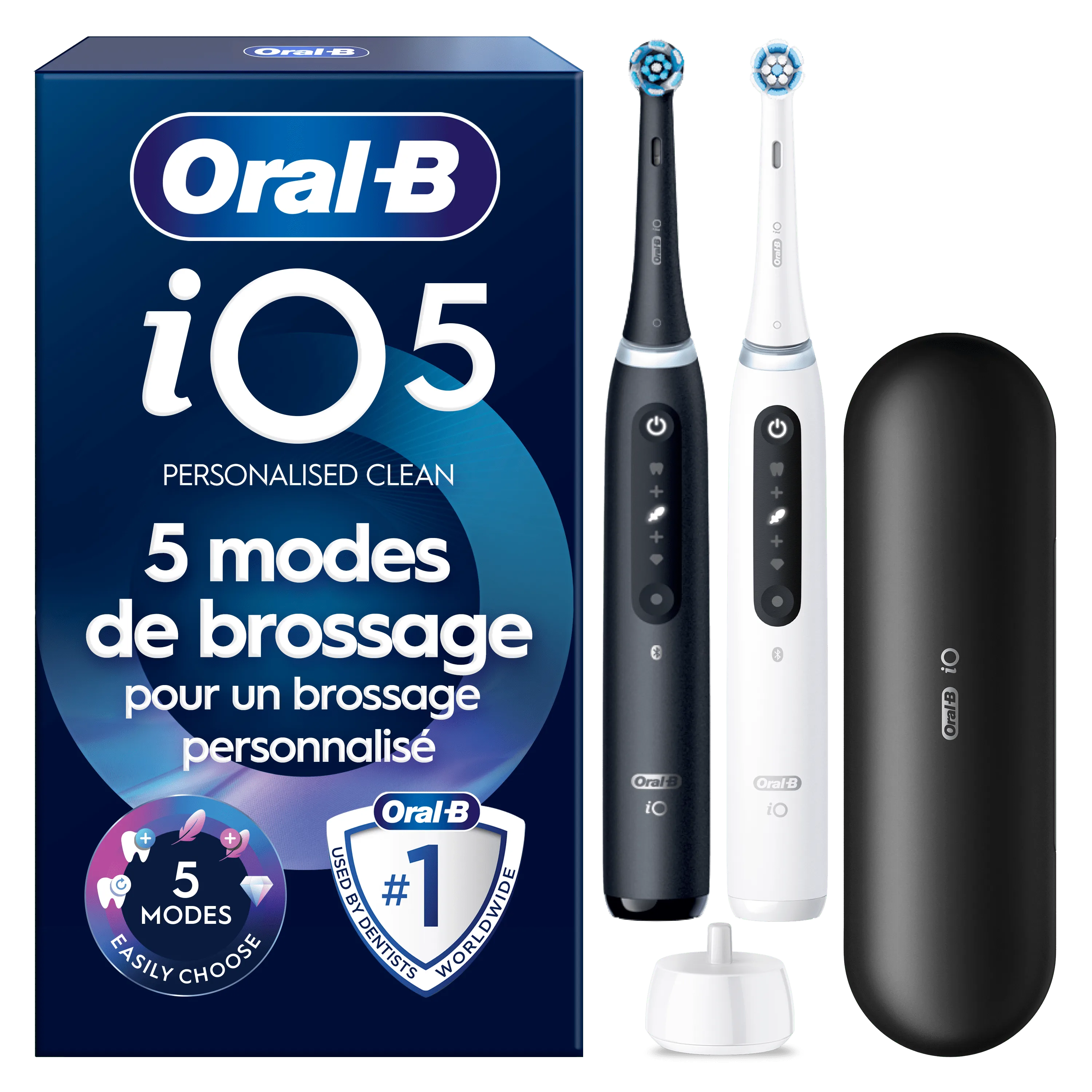Brosse à dents électrique Oral-B iO5, Lot de 2, Noire & Blanche, 2 brossettes, Étui de voyage Premium