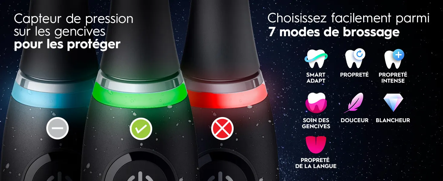 Brosse à dents électrique avec capteur de pression et 7 modes de brossage spécialisés 