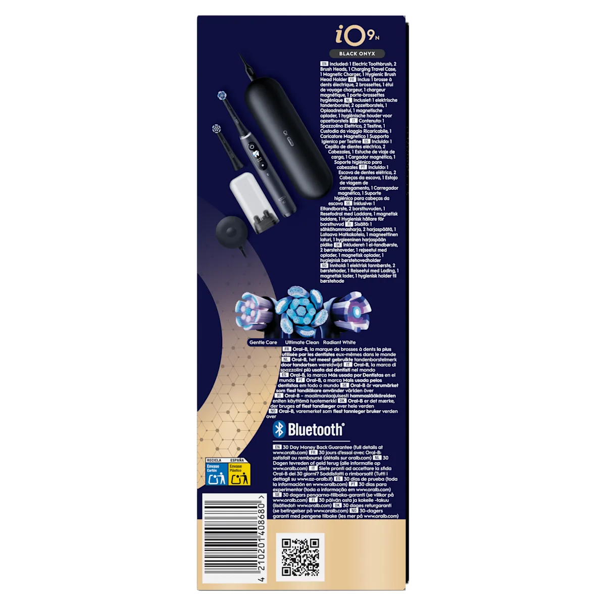 Oral-B iO9 Black Onyx, avec ses accessoires inclus: 2 brossettes, étui de voyage chargeur et chargeur magnétique.