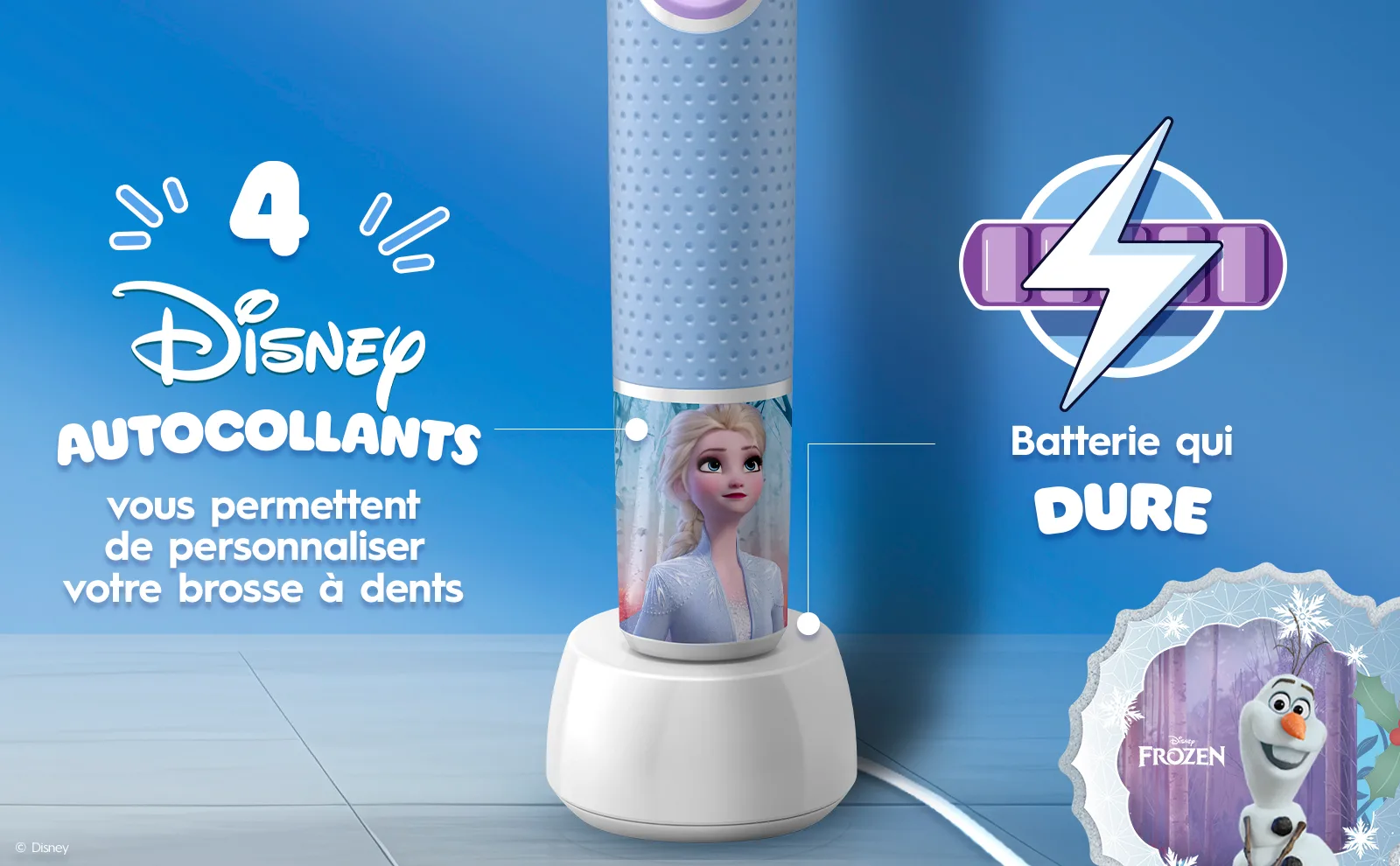 4 autocollants Disney avec la brosse à dents, batterie qui dure, avec Olaf de la Reine des Neiges.