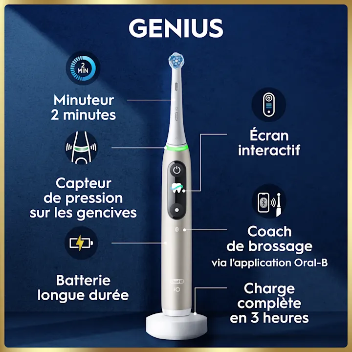 Oral-B iO brosse à dents électrique Genius, présentant ses fonctions intelligentes.