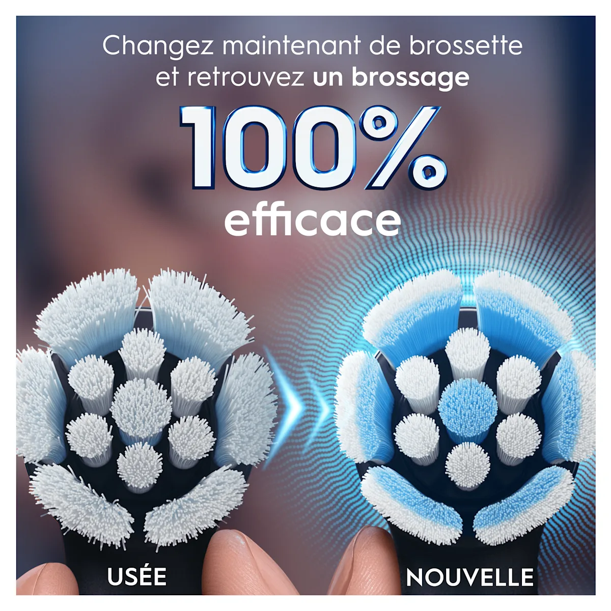 Brosse à dents Oral-B : Comparaison visuelle d'une brossette usée et d'une neuve, soulignant un brossage 100% efficace avec la nouvelle brossette.