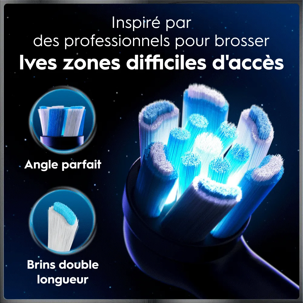 Brosse à dents spéciale aux brins bleus et blancs de double longueur et angle optimisé pour zones difficiles d'accès.