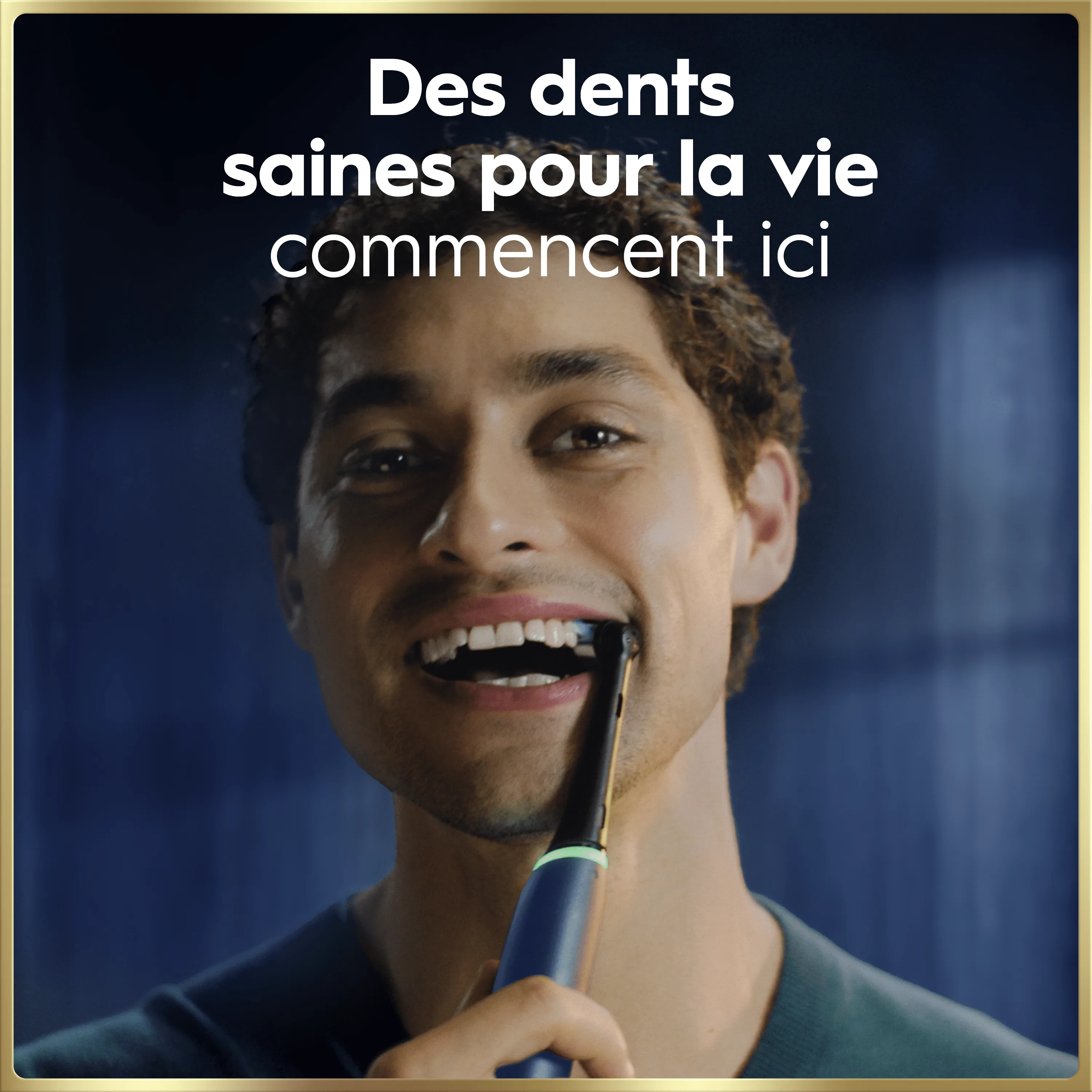 Oral-B: Homme se brosse les dents, le texte Des dents saines pour la vie commencent ici.