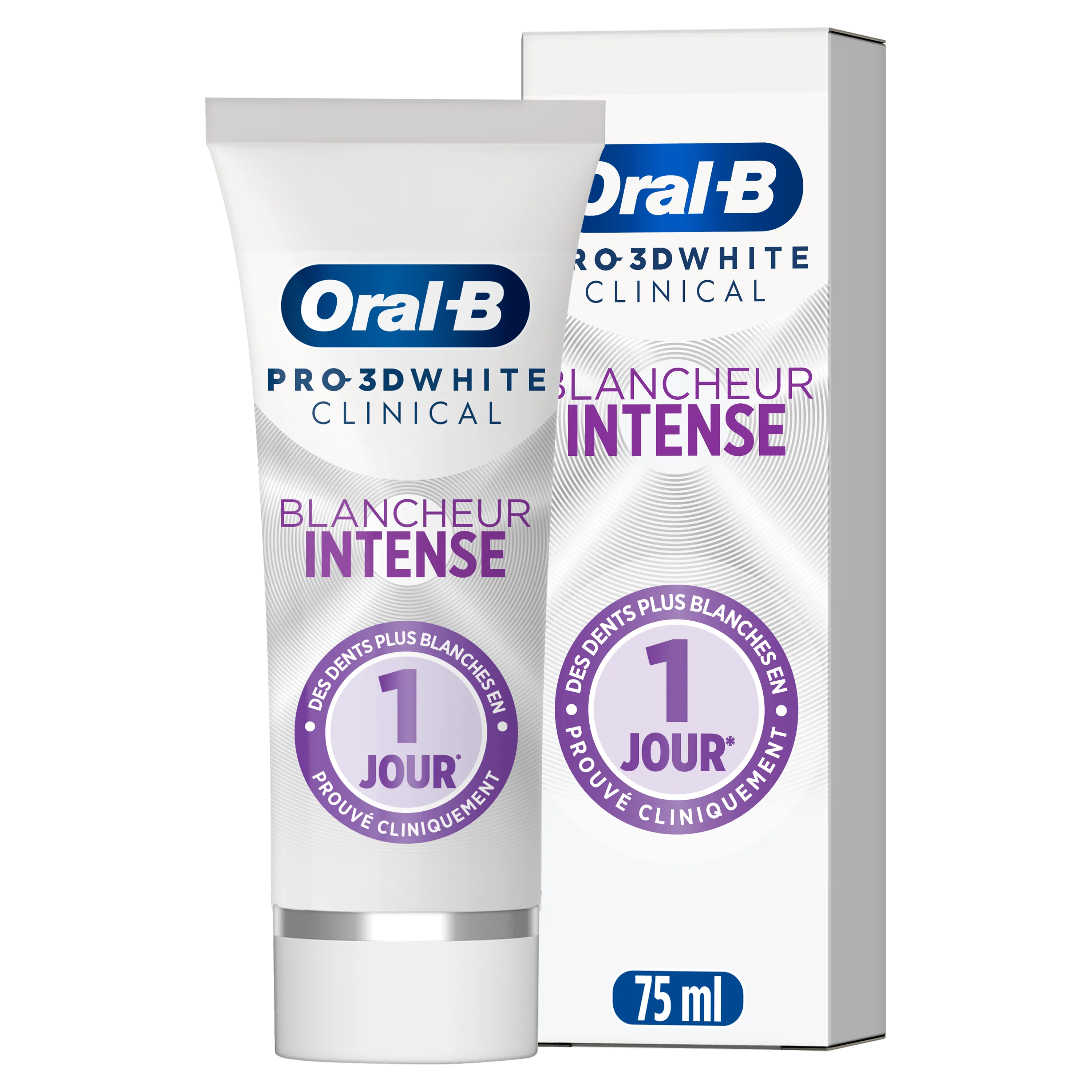 Oral-B Pro-3D White Clinical, emballage mettant en avant une blancheur intense des dents en 1 jour.
