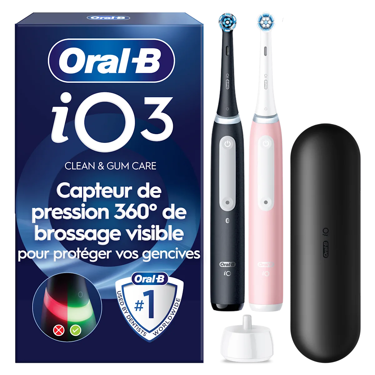 Brosse À Dents Électrique Oral-B iO3, Lot De 2, Noire & Rose, 2 brossettes, Étui De Voyage