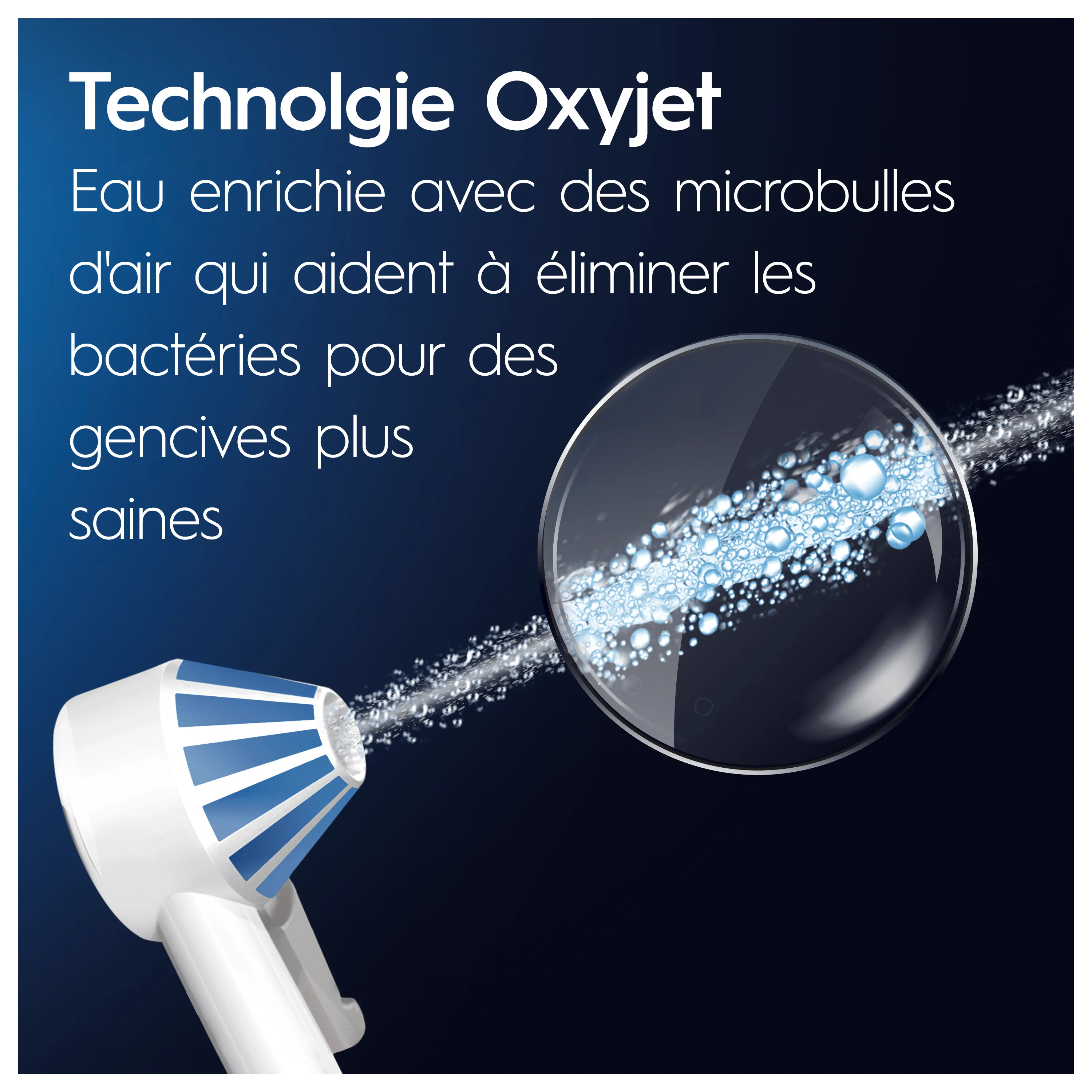 La technologie Oxyjet d'Oral-B projette de l'eau enrichie en microbulles d'air, éliminant les bactéries pour des gencives plus saines.
