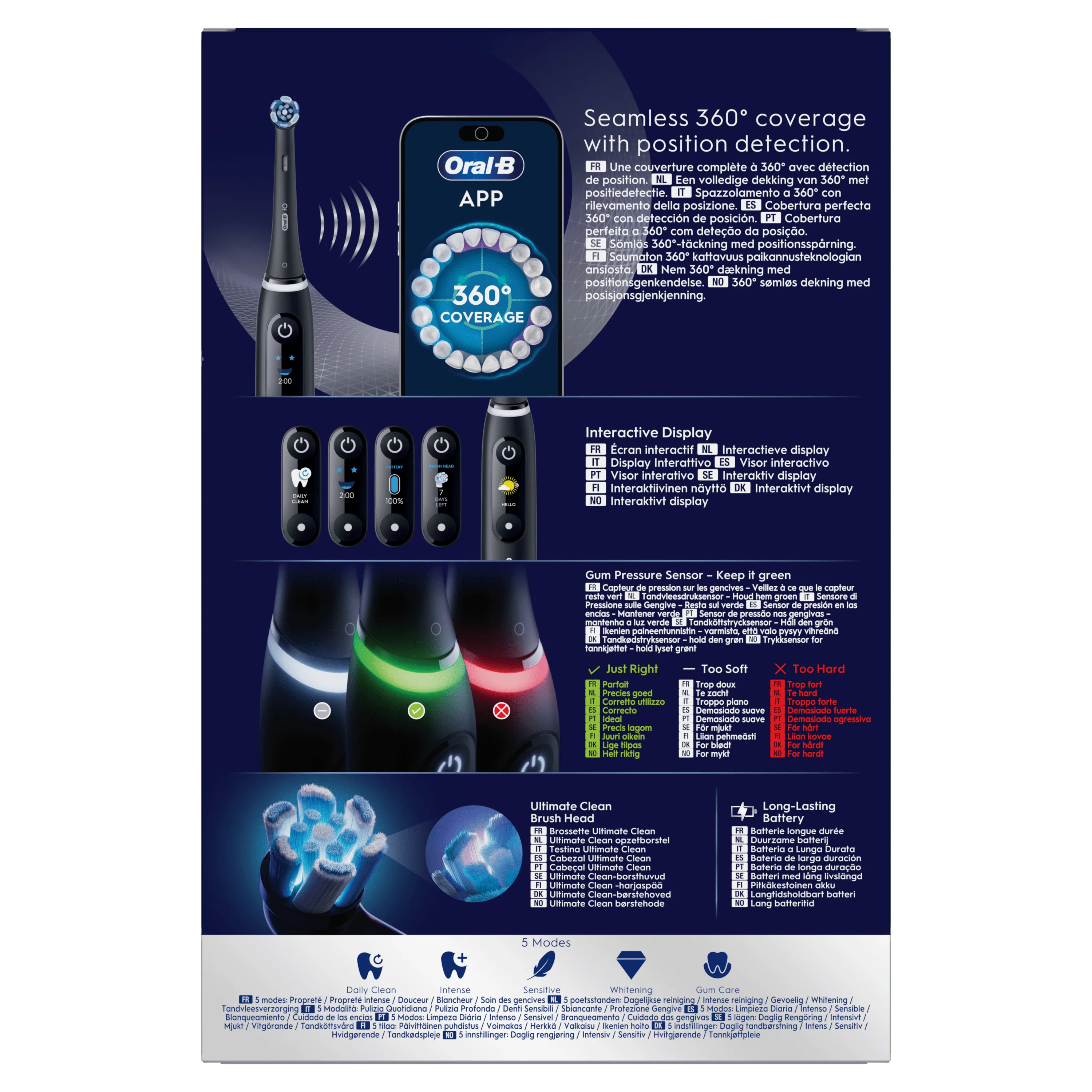 Oral-B iO brosse à dents électrique avec couverture à 360° et détection de position.