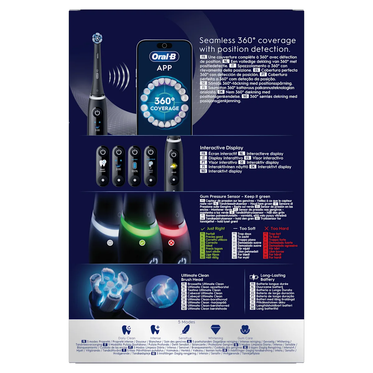 Oral-B iO brosse à dents électrique avec couverture à 360° et détection de position.