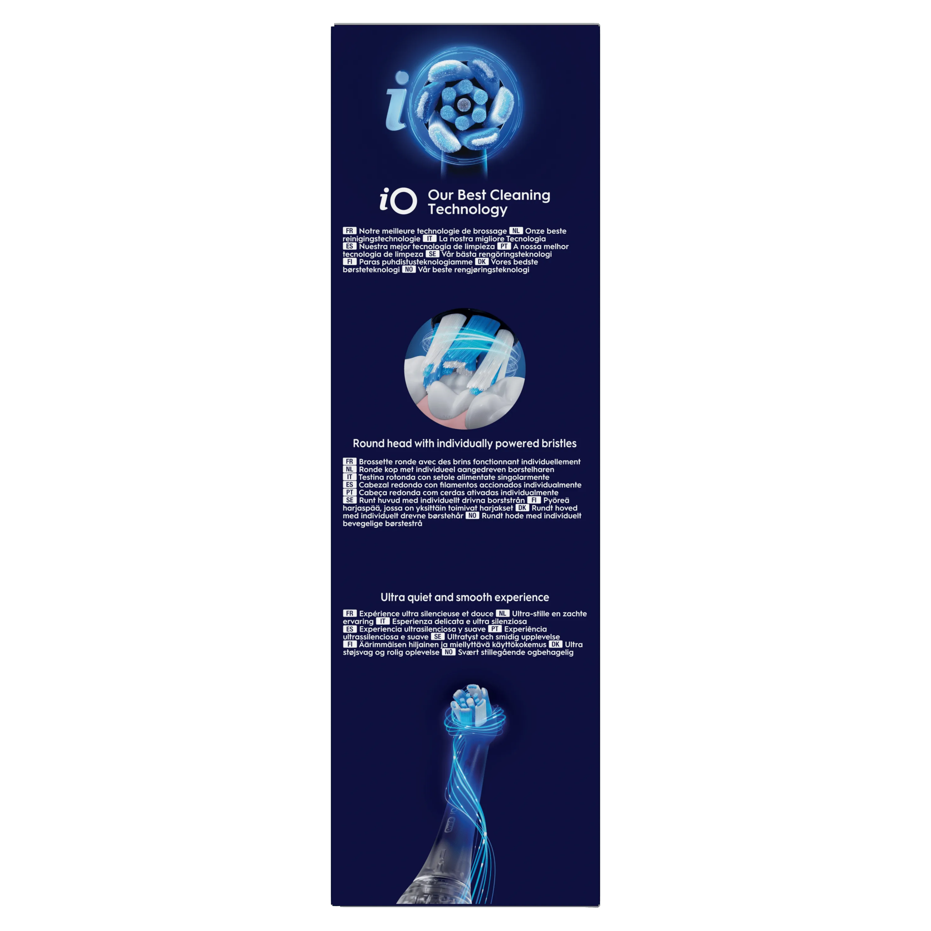 Oral-B iO emballage mettant en avant la Notre meilleure technologie de brossage et une brossette à tête ronde avec des brins fonctionnant individuellement.