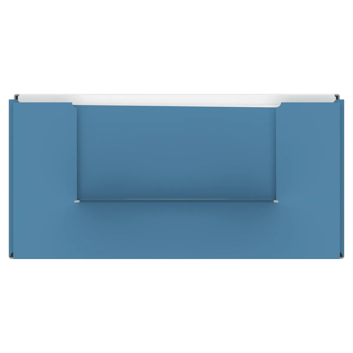 Bureau d’accueil bleu avec une étagère, vu d’en haut, offrant une surface de travail spacieuse.