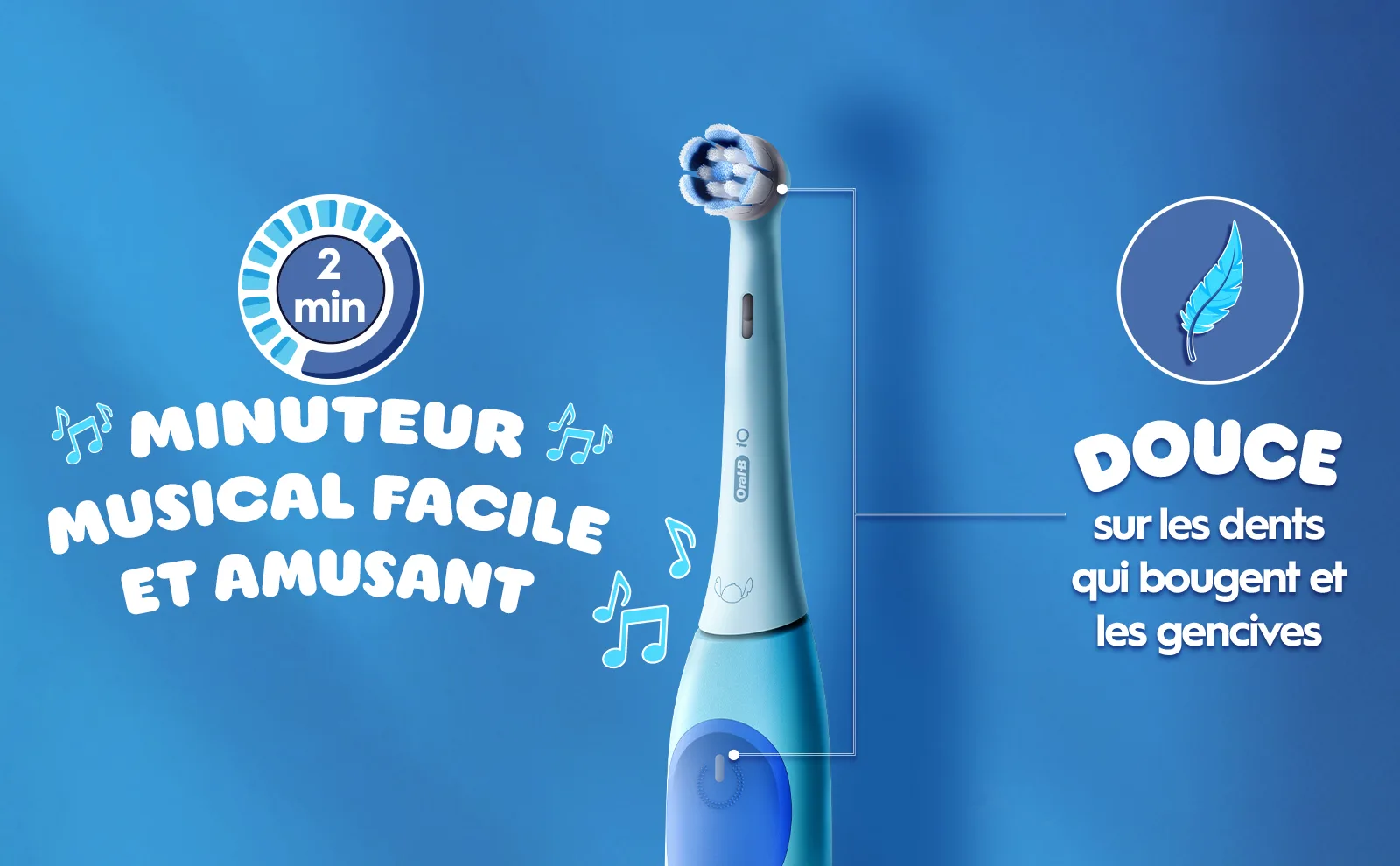 Partie supérieure de la brosse à dents présentant les avantages, des icônes de son et une plume.