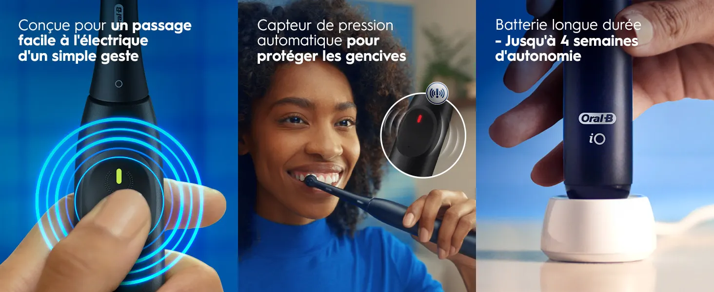 Brosse à dents Oral-B iO: geste simple, capteur de pression et batterie longue durée. 
