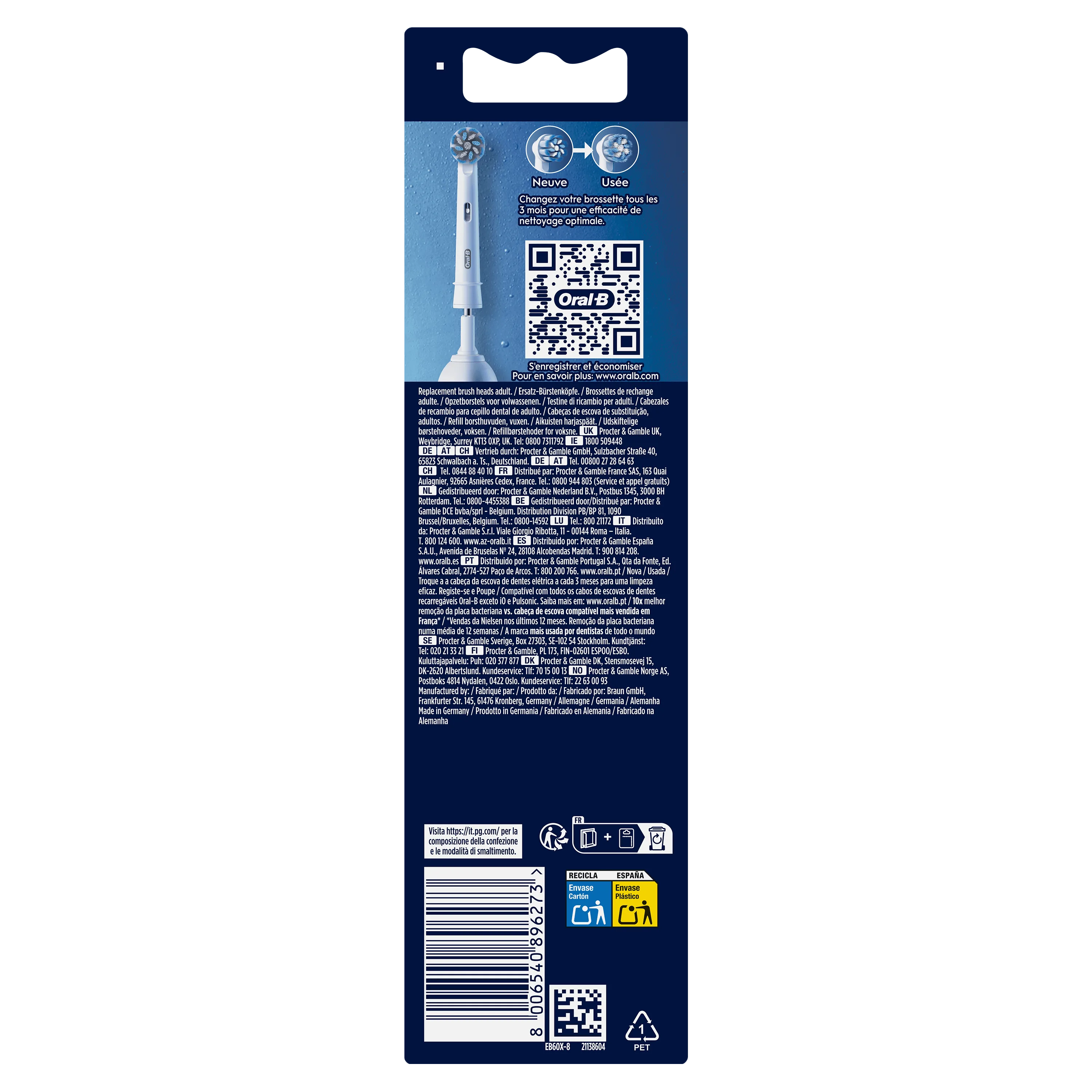 Oral-B brossettes de rechange, pack de huit, avec des têtes de brosse rondes conçues pour un nettoyage en profondeur et un soin des gencives.