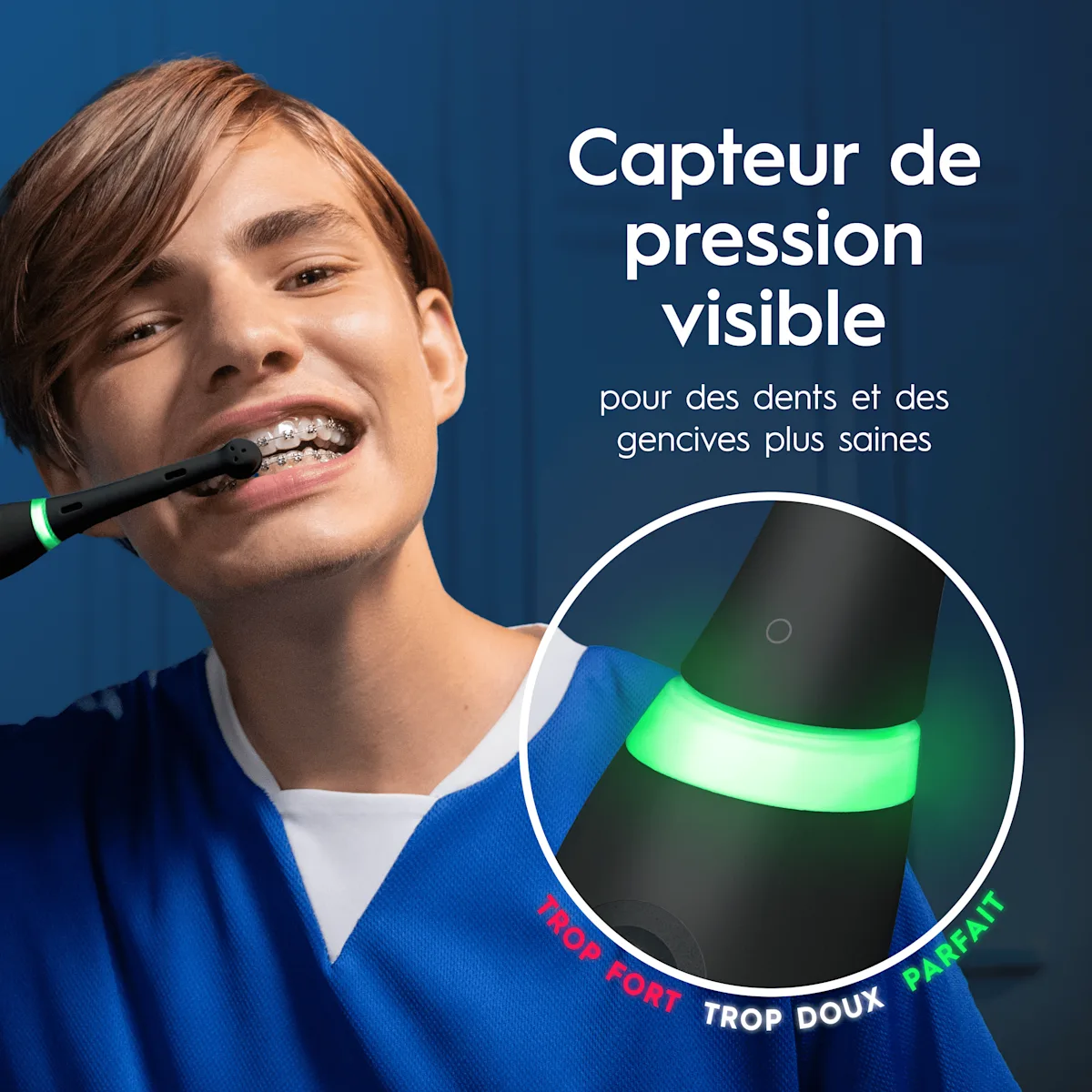 Brosse à dents électrique Oral-B iO avec un capteur de pression visible pour des gencives et des dents plus saines.