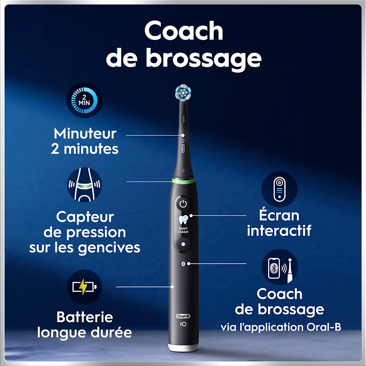 Brosse à dents électrique Oral-B avec minuteur, capteur de pression, écran interactif, batterie longue durée et connexion à l'application.