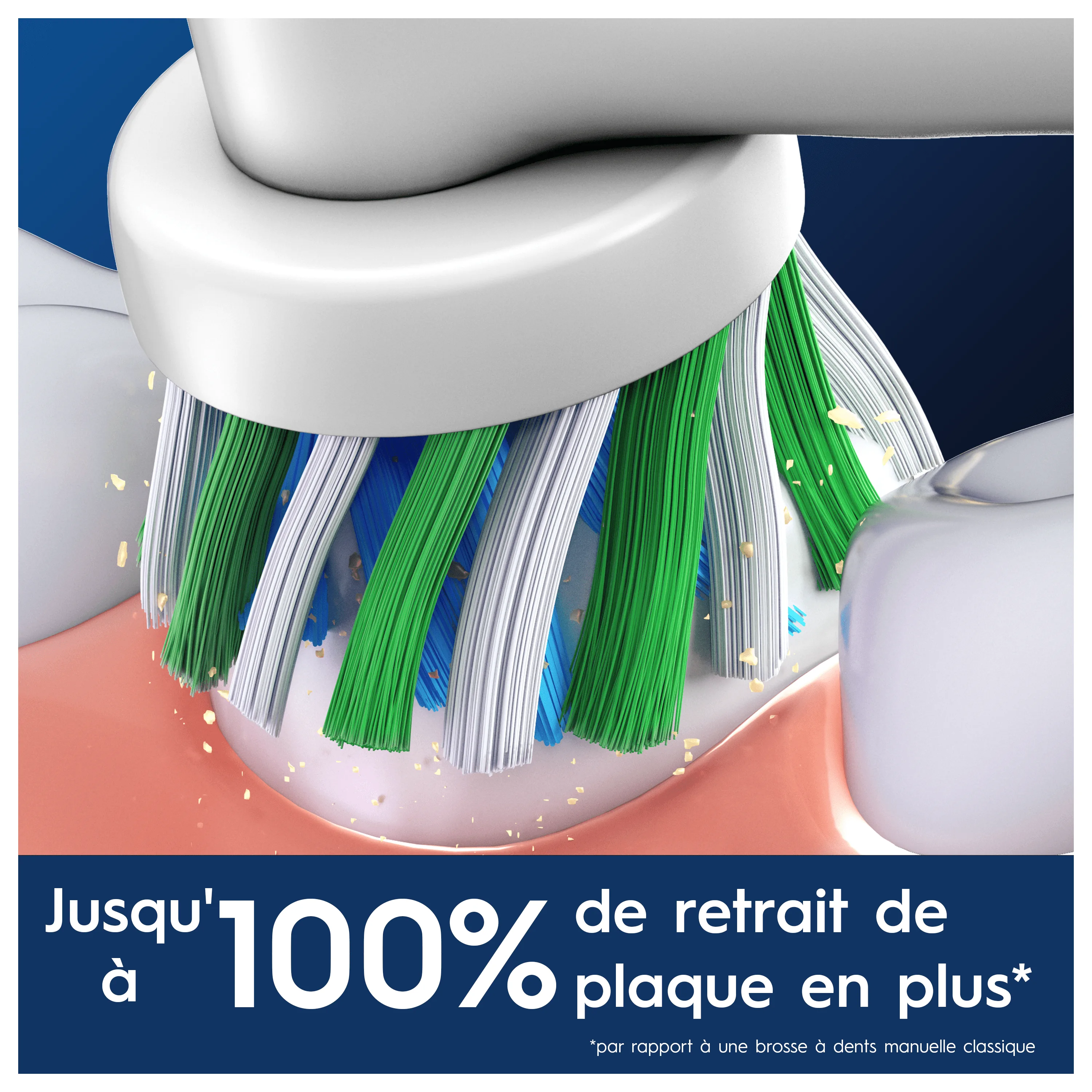 Brossette Oral-B en action, démontrant jusqu'à 100% de retrait de plaque en plus qu'une brosse à dents manuelle classique.