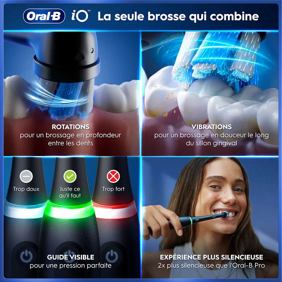 Oral-B iO: combine rotations, vibrations, pression guidée et expérience silencieuse.