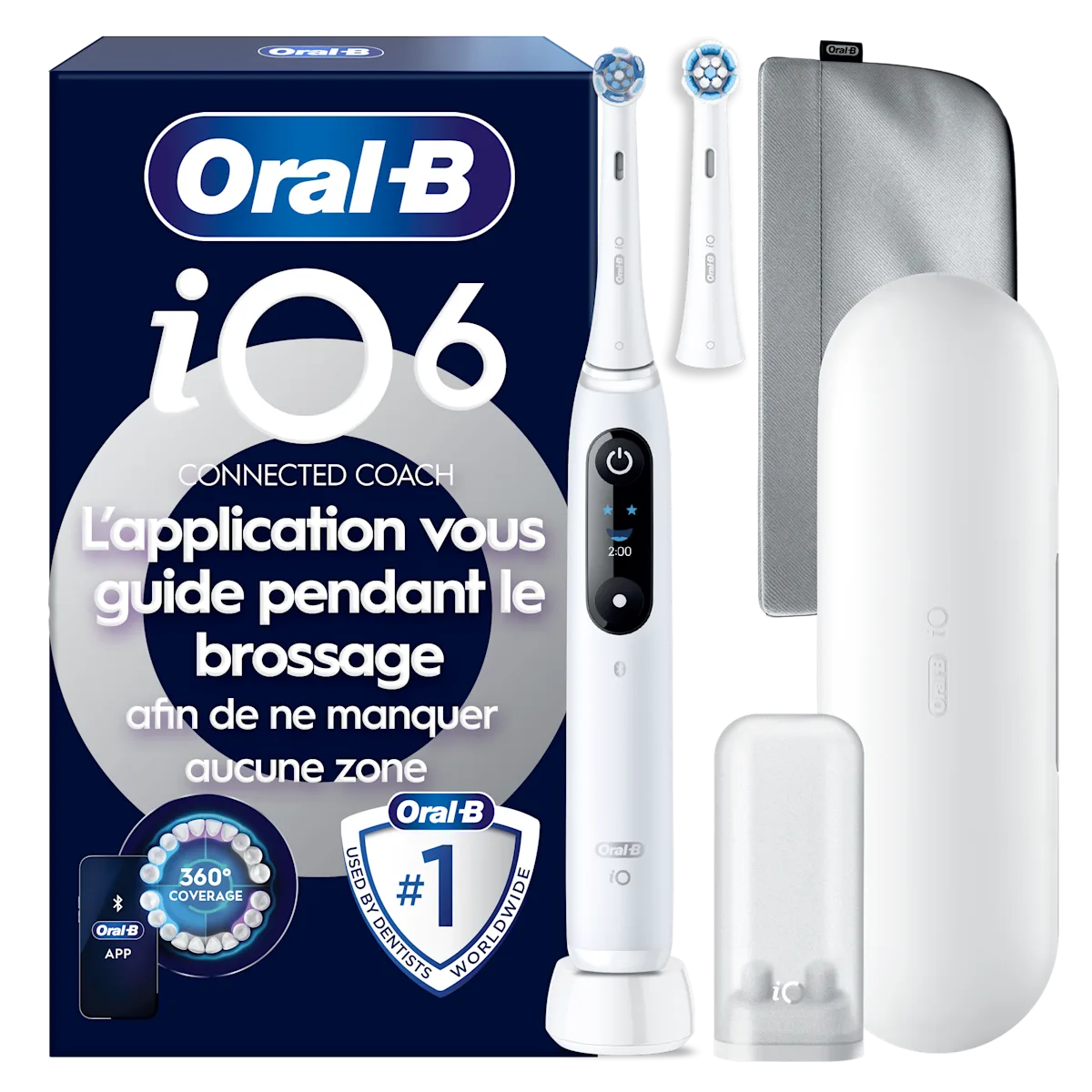 Application Oral B guidant le brossage des dents avec brosse connectée, affichant la couverture à 100% des zones dentaires sur smartphone.