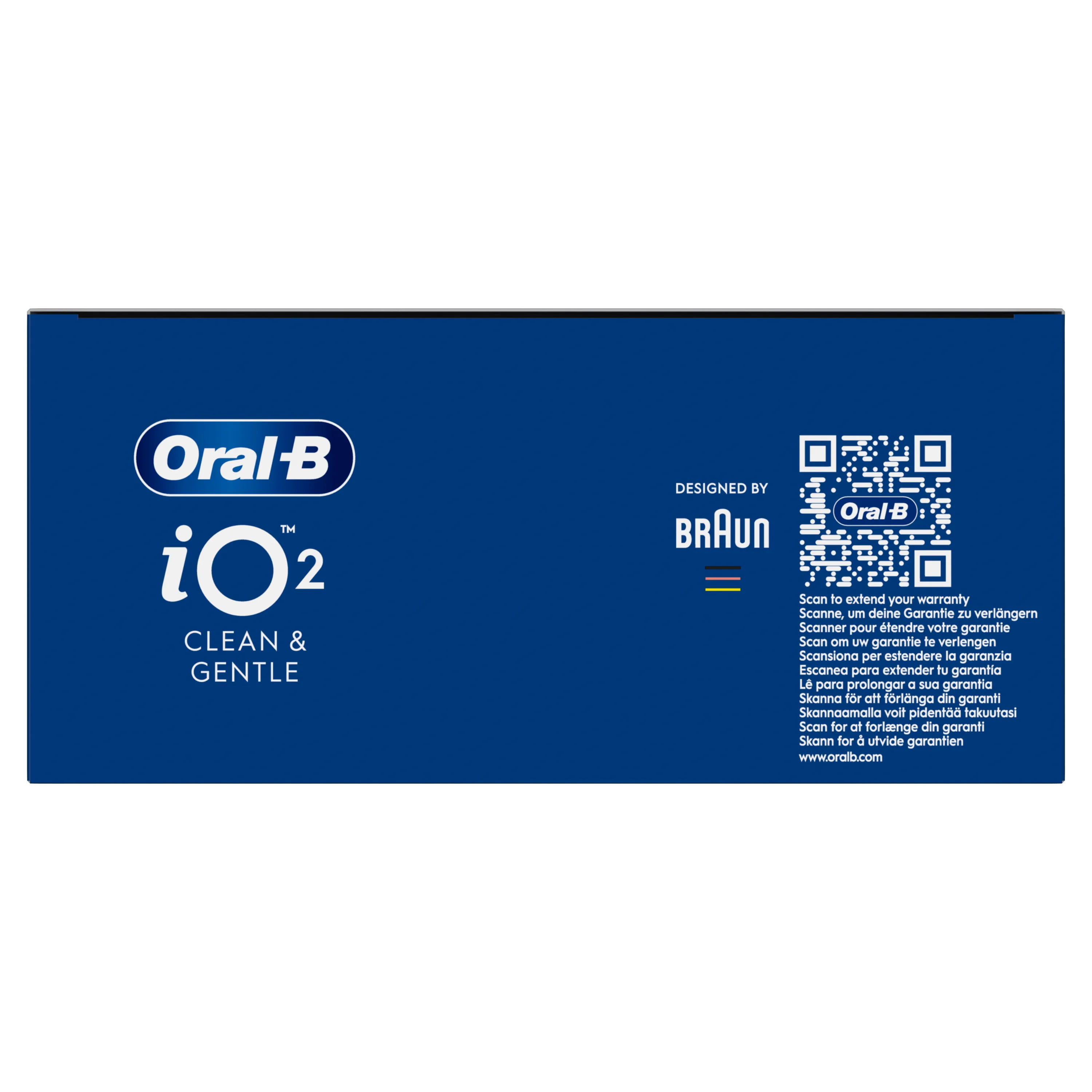 Oral-B iO2, emballage bleu mettant en avant Clean & Gentle et un QR code pour étendre la garantie.