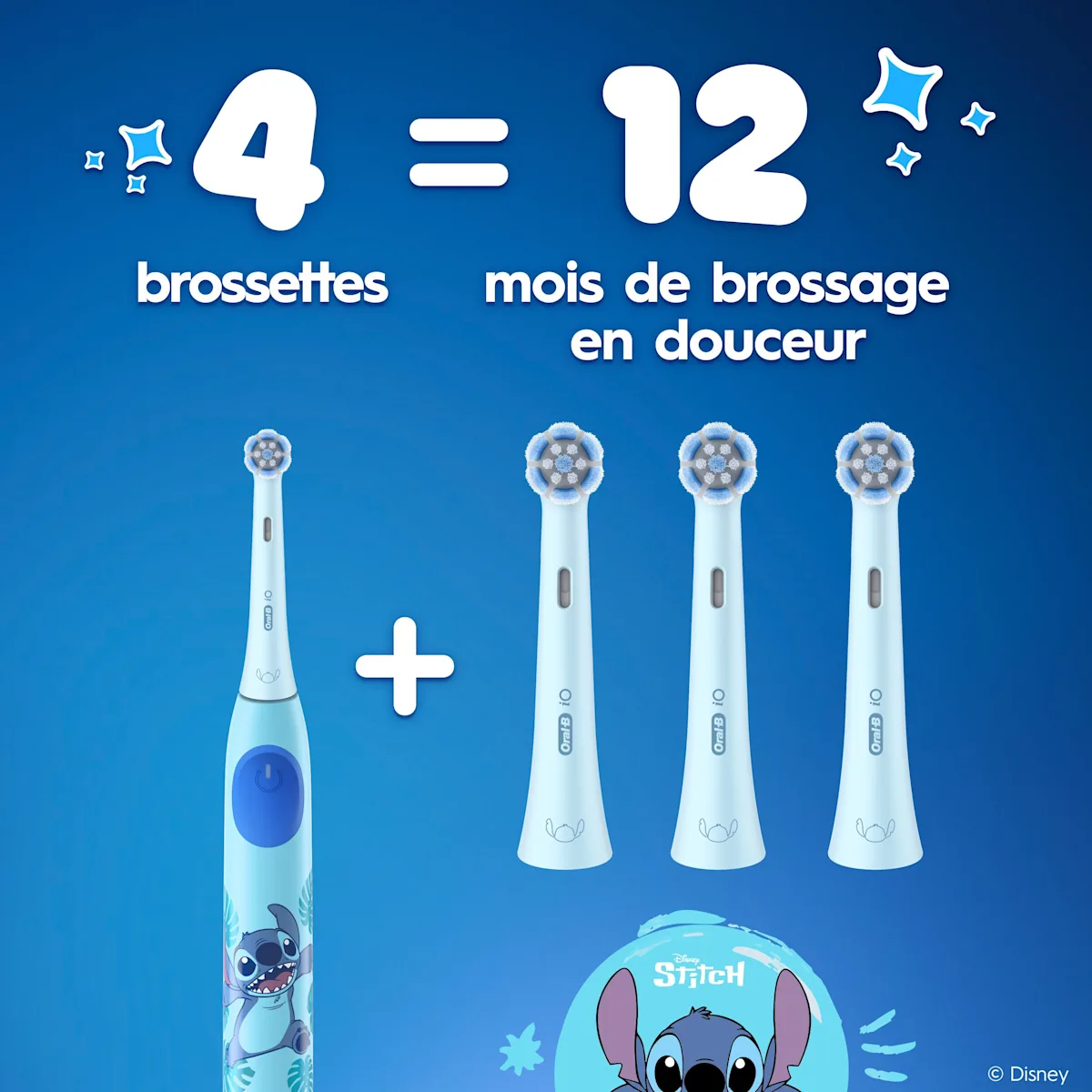Manche avec brossette + 3 brosses à dents sur le côté et Stitch dans le coin de l’image