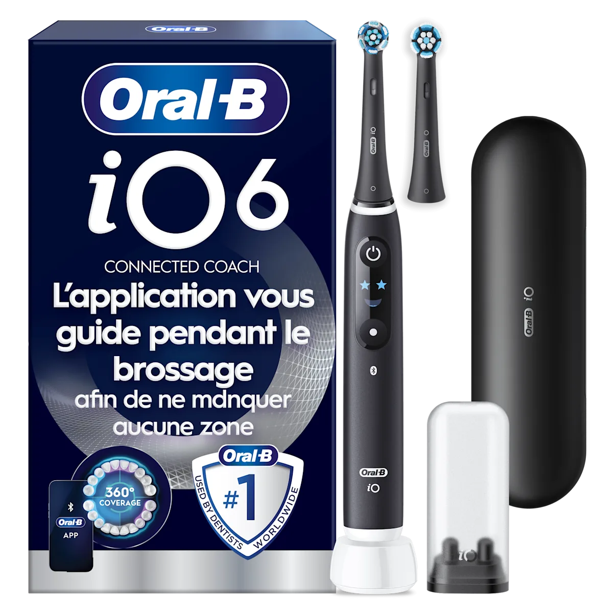Brosse à dents électrique Oral-B iO6 Noire, 2 brossettes, Étui de voyage premium, Porte-brossettes