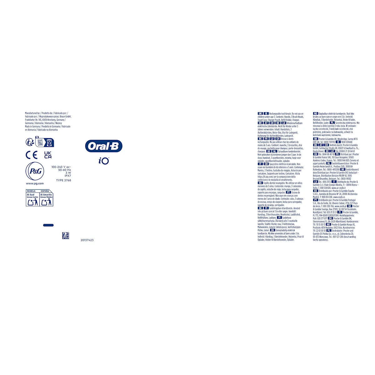 Emballage de la brosse à dents rechargeable Oral-B iO, listant le manche, 3 brossettes et l étui de voyage inclus.