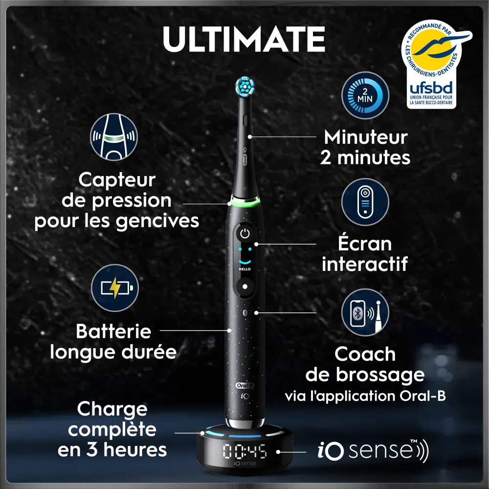Brosse à dents électrique Oral-B Ultimate avec capteur de pression, minuteur, écran interactif et application de coaching.