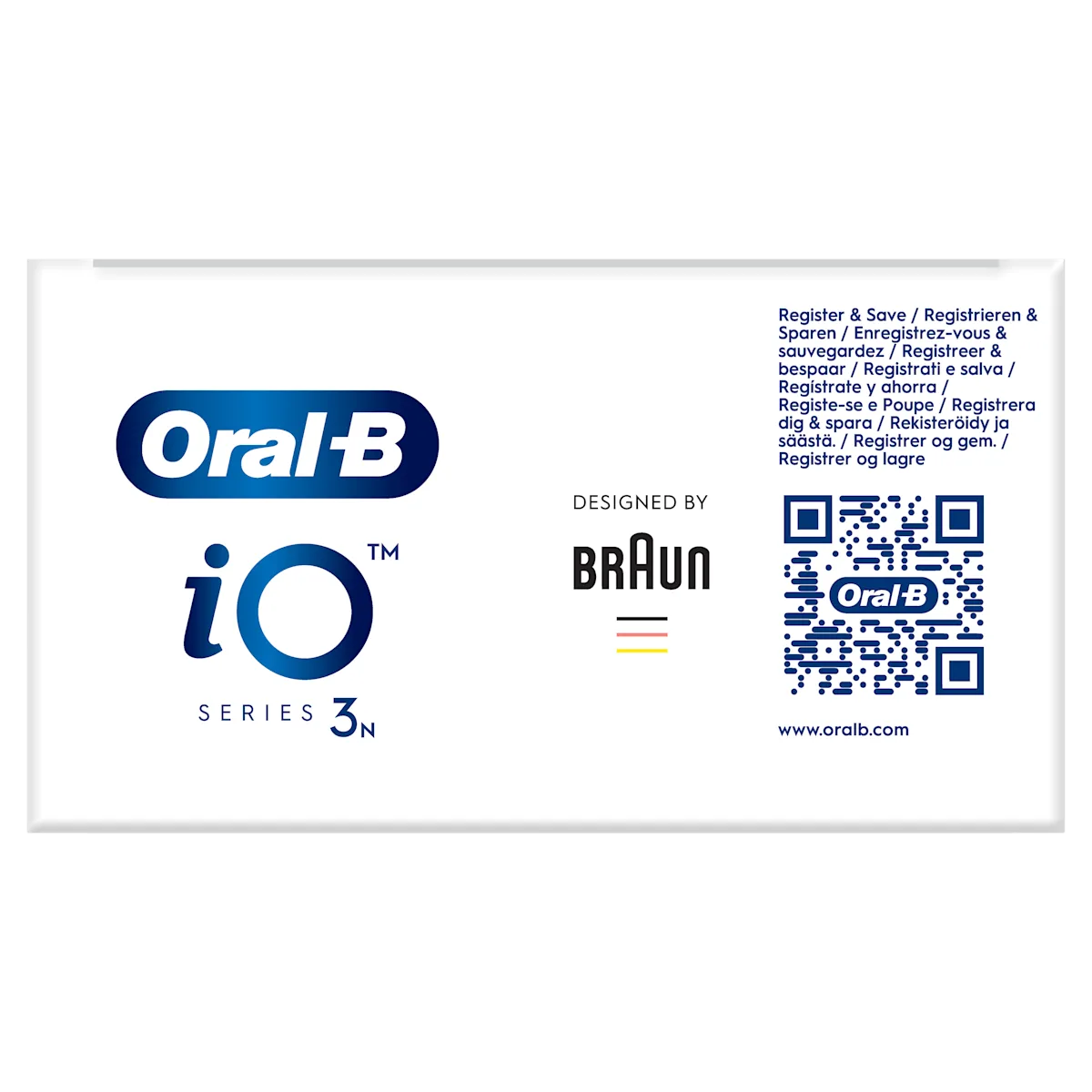 Oral-B iO Series 3N, conçue par Braun, avec un QR code pour l'enregistrement et l'épargne.