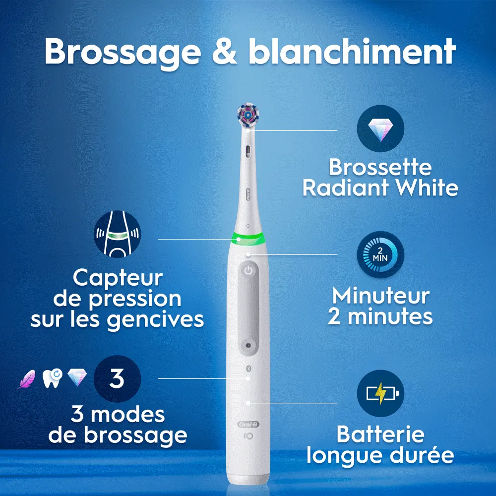 Brosse à dents électrique avec fonctionnalités: brossage et blanchiment, capteur de pression, minuteur, batterie longue durée et 3 modes de brossage.