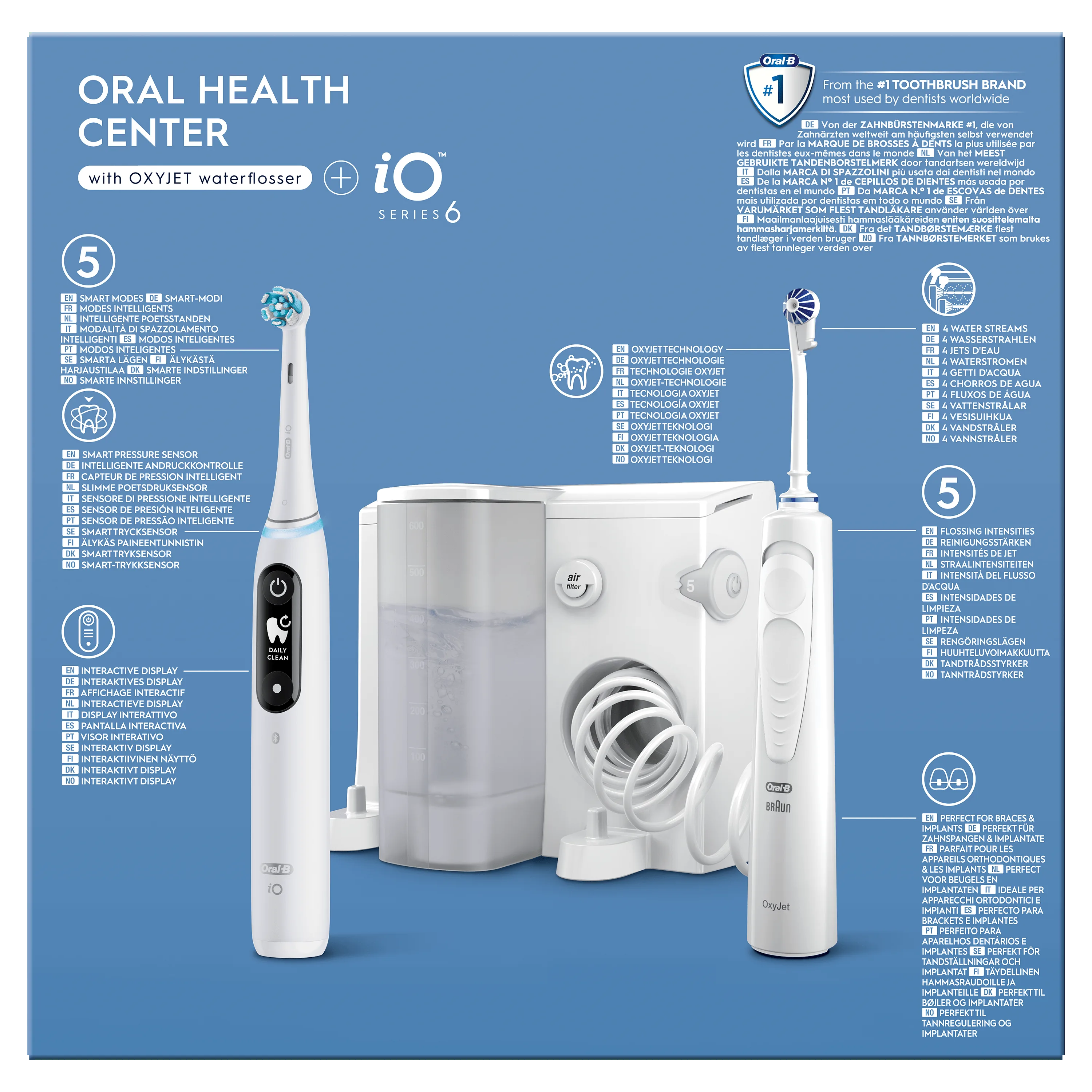 Oral-B iO Series 6 Oral Health Center avec hydropulseur Oxyjet, mettant en avant 5 modes intelligents.